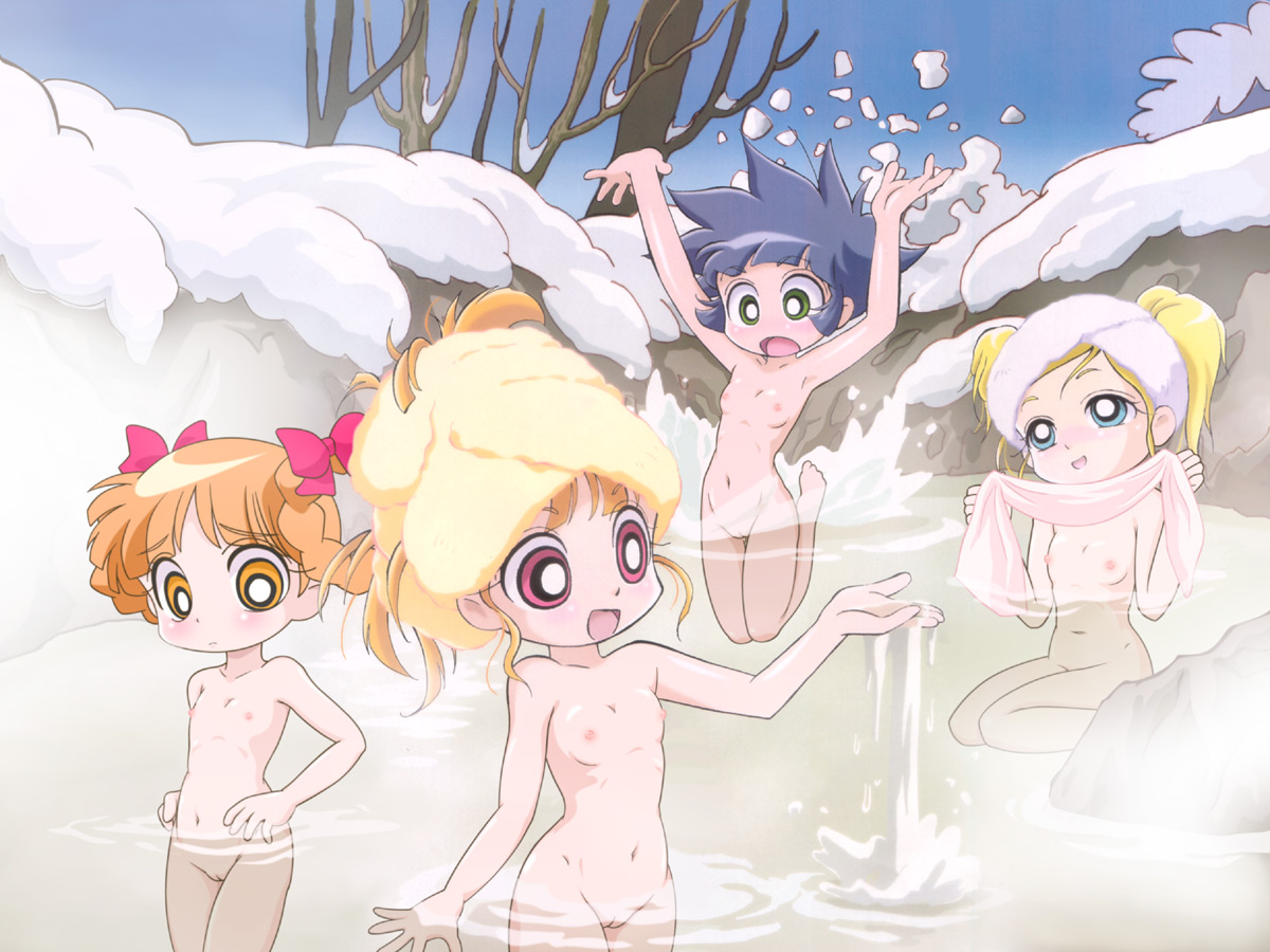 akatsutsumi kuriko, akatsutsumi momoko, gotokuji miyako, matsubara kaoru, powerpuff girls, powerpuff girls z, 4girls, loli, multiple girls, nipples, nude, onsen, pussy, siblings, sisters, snow, towel, water