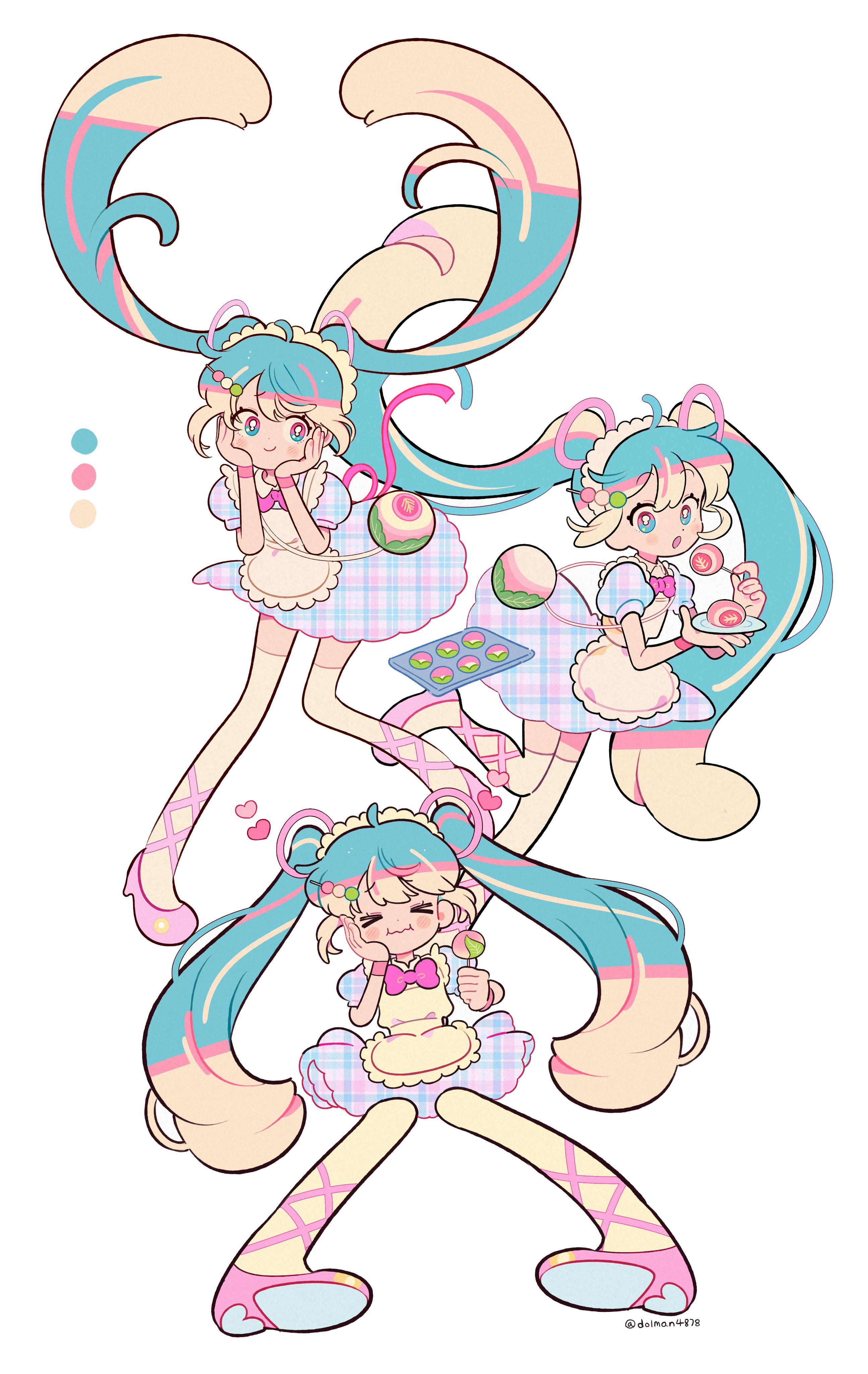 dolman (dm), hatsune miku, vocaloid, absurdres, highres, 1girl, ahoge, apron, blonde hair, blue dress, blue eyes, blue hair, blush stickers, bow, bowtie, closed eyes, closed mouth, daifuku, dango, dango hair ornament, double bun, dress, food, food-themed hair ornament, full body, hair bun, hair ornament, hairclip, hand on own cheek, hand on own face, hands on own cheeks, hands on own face, head rest, heart, holding, holding food, holding tray, ichigo daifuku, long hair, looking at viewer, maid, maid apron, maid headdress, mochimochi (vocaloid), multicolored hair, multiple girls, multiple views, open mouth, pastel colors, pink bow, pink bowtie, pink hair, plaid clothes, plaid dress, puffy short sleeves, puffy sleeves, sanshoku dango, short sleeves, sidelocks, signature, simple background, smile, solo, thighhighs, toothpick, tray, twintails, very long hair, wagashi, white apron, white background