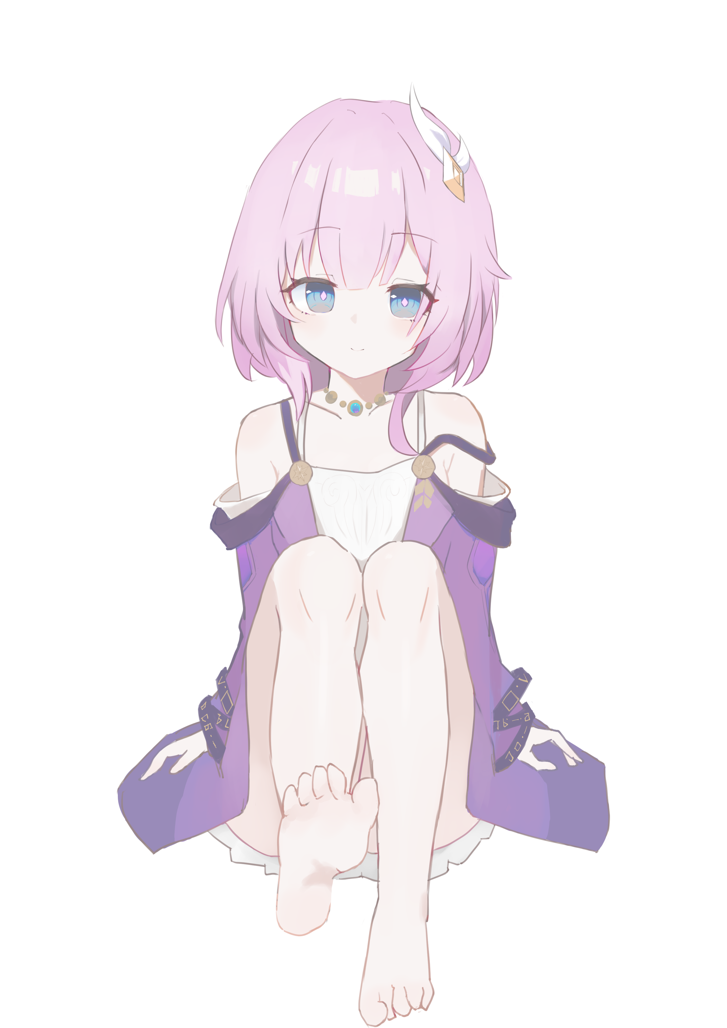 cyrene (honkai: star rail), honkai: star rail, honkai (series), absurdres, commentary request, highres, 1girl, bare shoulders, barefoot, breasts, coat, dress, feet, hair ornament, jewelry, looking at viewer, lung 57, necklace, purple coat, short hair, simple background, small breasts, smile, soles, solo, toes, white background, white dress