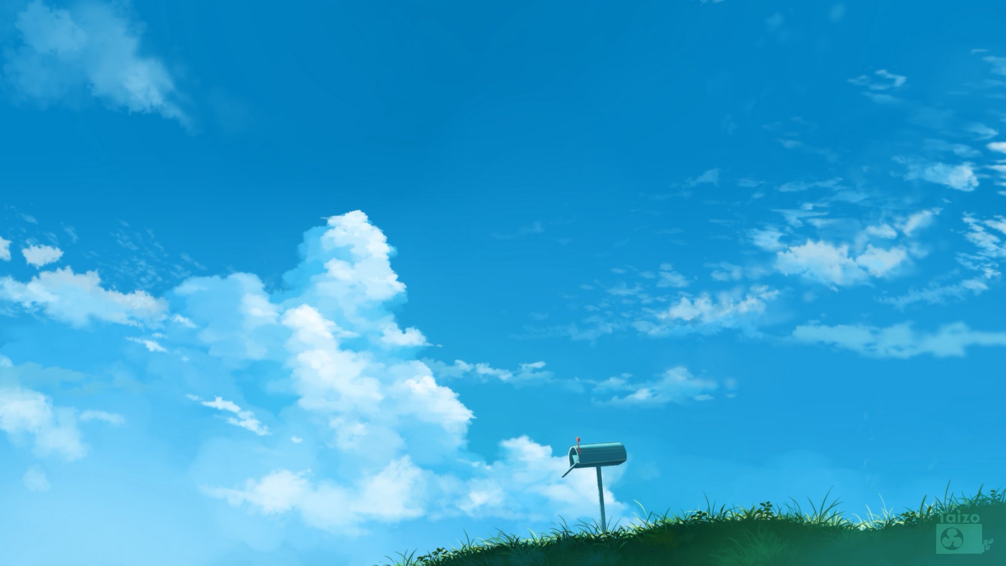 taizo (taizo 03), original, highres, artist logo, artist name, blue sky, cloud, cloudy sky, cumulonimbus cloud, day, grass, hill, logo, mailbox (incoming mail), no humans, outdoors, scenery, sky