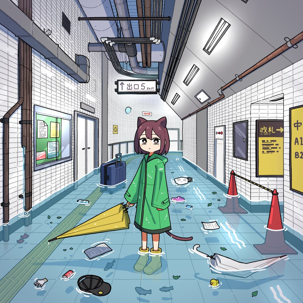 cheribon, original, highres, 1girl, animal ears, boots, bright pupils, brown hair, cat ears, cat tail, fish, flood, green raincoat, hat, holding, holding umbrella, industrial pipe, looking at viewer, raincoat, rolling suitcase, rubber boots, rubber duck, solo, subway station, suitcase, tactile paving, tail, traffic cone, umbrella, unworn hat, unworn headwear, water, wet, white pupils, yellow boots, yellow umbrella