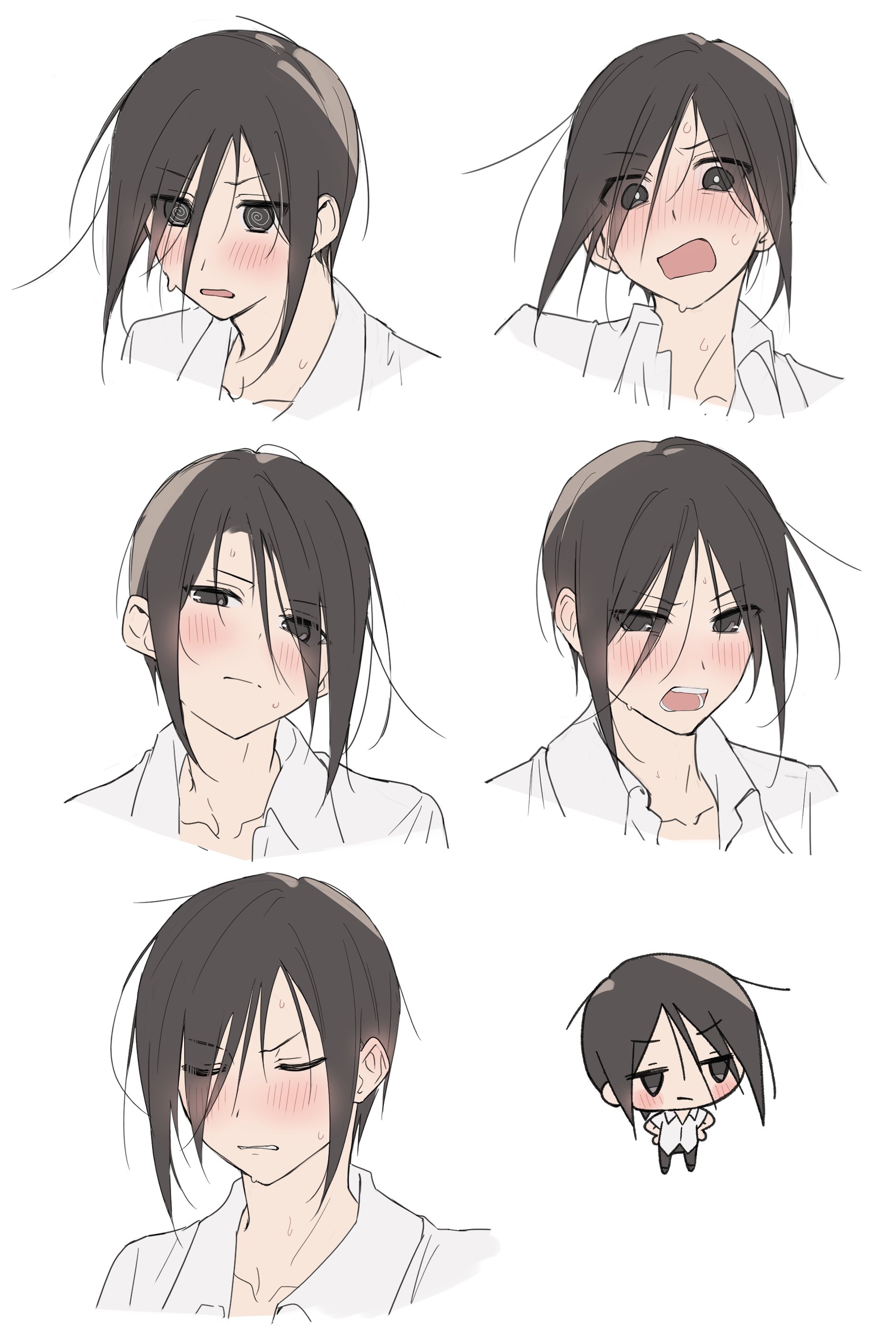mofukoke, yuuki tomosane, subarashiki hibi, absurdres, commentary, highres, 1boy, :/, @ @, black hair, blush, bright pupils, chibi, chibi inset, clenched teeth, closed eyes, closed mouth, collared shirt, cropped torso, embarrassed, eyes visible through hair, facing viewer, frown, hair between eyes, hands on own hips, jitome, looking at viewer, looking to the side, male focus, medium hair, multiple views, nervous sweating, nose blush, open mouth, portrait, shirt, shy, simple background, split mouth, straight hair, sweat, teeth, tsurime, v-shaped eyebrows, white background, white pupils, white shirt