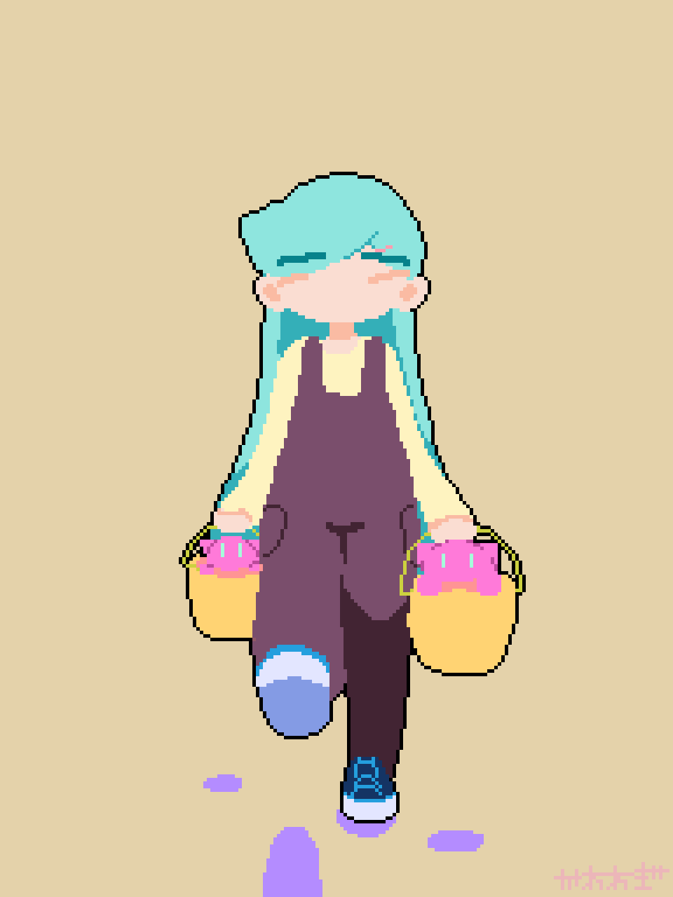 kawawagi, original, animated, animated gif, highres, looping animation, 1girl, aqua hair, blush stickers, brown background, bucket, eyes visible through hair, hair over one eye, holding, holding bucket, long hair, long sleeves, no mouth, overalls, pixel art, shirt, shoes, simple background, solo, walking, yellow shirt