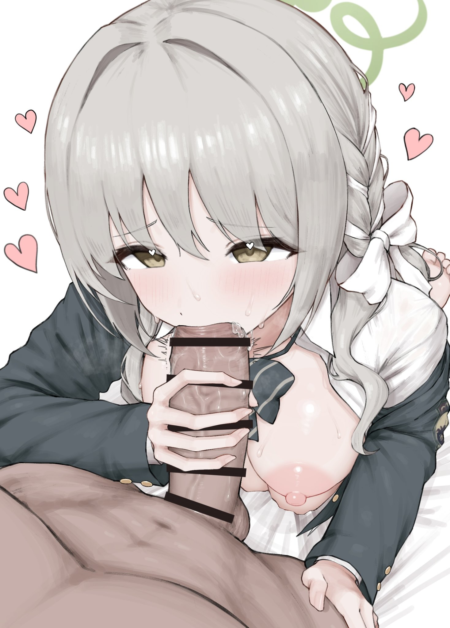 rainbow gorein, miyo (blue archive), blue archive, hazel eyes, highres, 1boy, 1girl, bar censor, barefoot, bed sheet, black bow, black bowtie, blazer, blush, bow, bowtie, braid, breasts, breasts out, breath, censored, choppy bangs, clothed female nude male, collared shirt, diagonal-striped bow, erection, fellatio, from above, furrowed brow, green halo, grey hair, hair between eyes, hair bow, hair over shoulder, halo, hand on another's leg, heart, heart in eye, hetero, jacket, kneeling, large breasts, large penis, long hair, navel, nude, on bed, open clothes, open jacket, open shirt, oral, penis, penis grab, pov, pov crotch, precum, shiny skin, shirt, sidelocks, standing, striped bow, sweat, symbol in eye, testicles, twitching penis, white background, white bow, white shirt