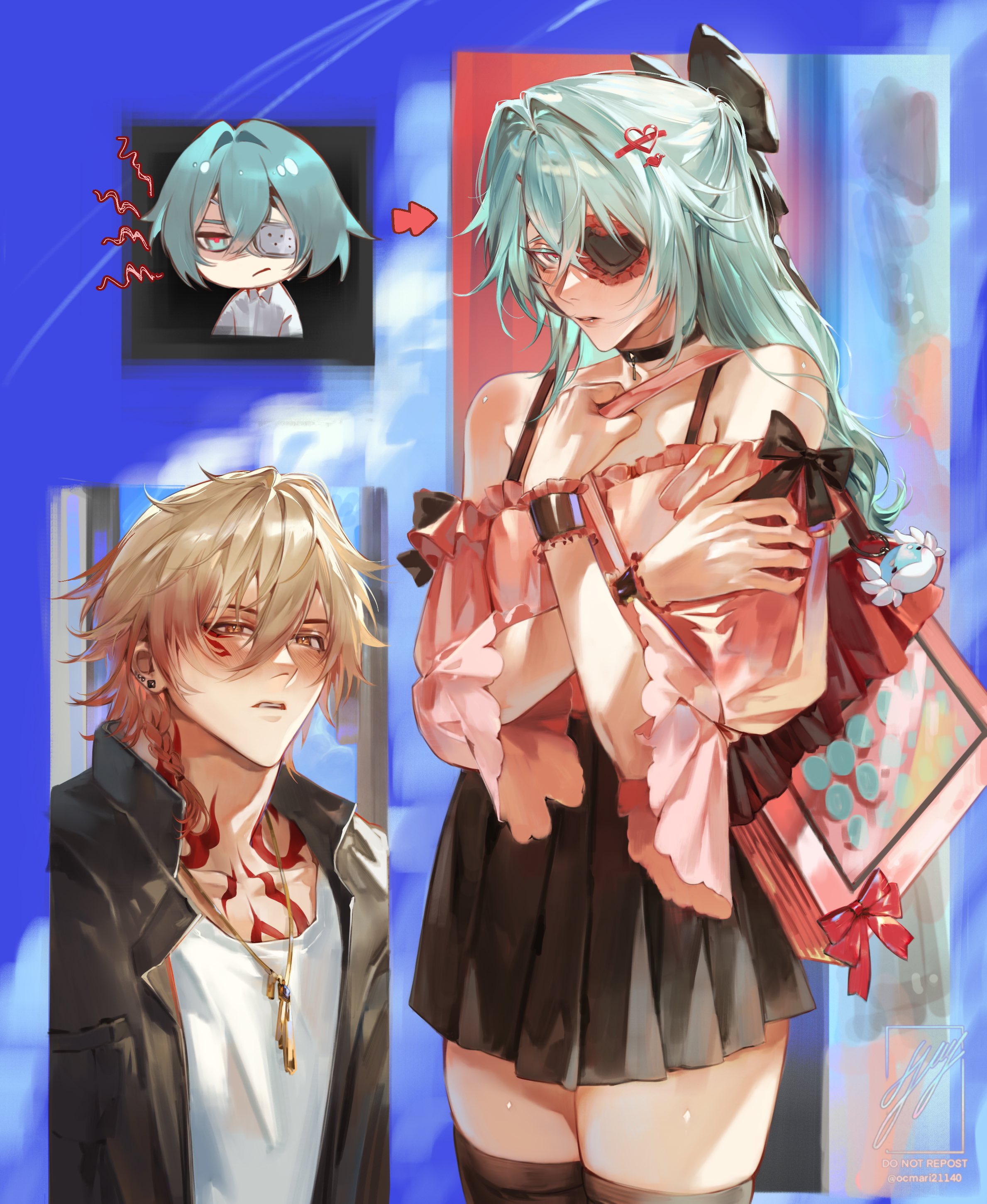 anaxa (honkai: star rail), mydei (honkai: star rail), honkai: star rail, honkai (series), absurdres, commentary, english commentary, highres, 2boys, aqua hair, bag, black bow, black jacket, black skirt, blonde hair, blush, bow, braid, chest tattoo, crossdressing, crossdressing (mtf), eyepatch, facial tattoo, gold necklace, gradient hair, hair between eyes, hair intakes, hair ornament, heart, heart hair ornament, jacket, jewelry, long hair, male focus, medium hair, miniskirt, multicolored hair, multiple boys, necklace, ocmari21140, off-shoulder shirt, off shoulder, open clothes, open jacket, pink bag, pink shirt, red hair, red tattoo, shirt, shoulder bag, side braid, skirt, tattoo, thighhighs, white shirt, yaoi, yellow eyes