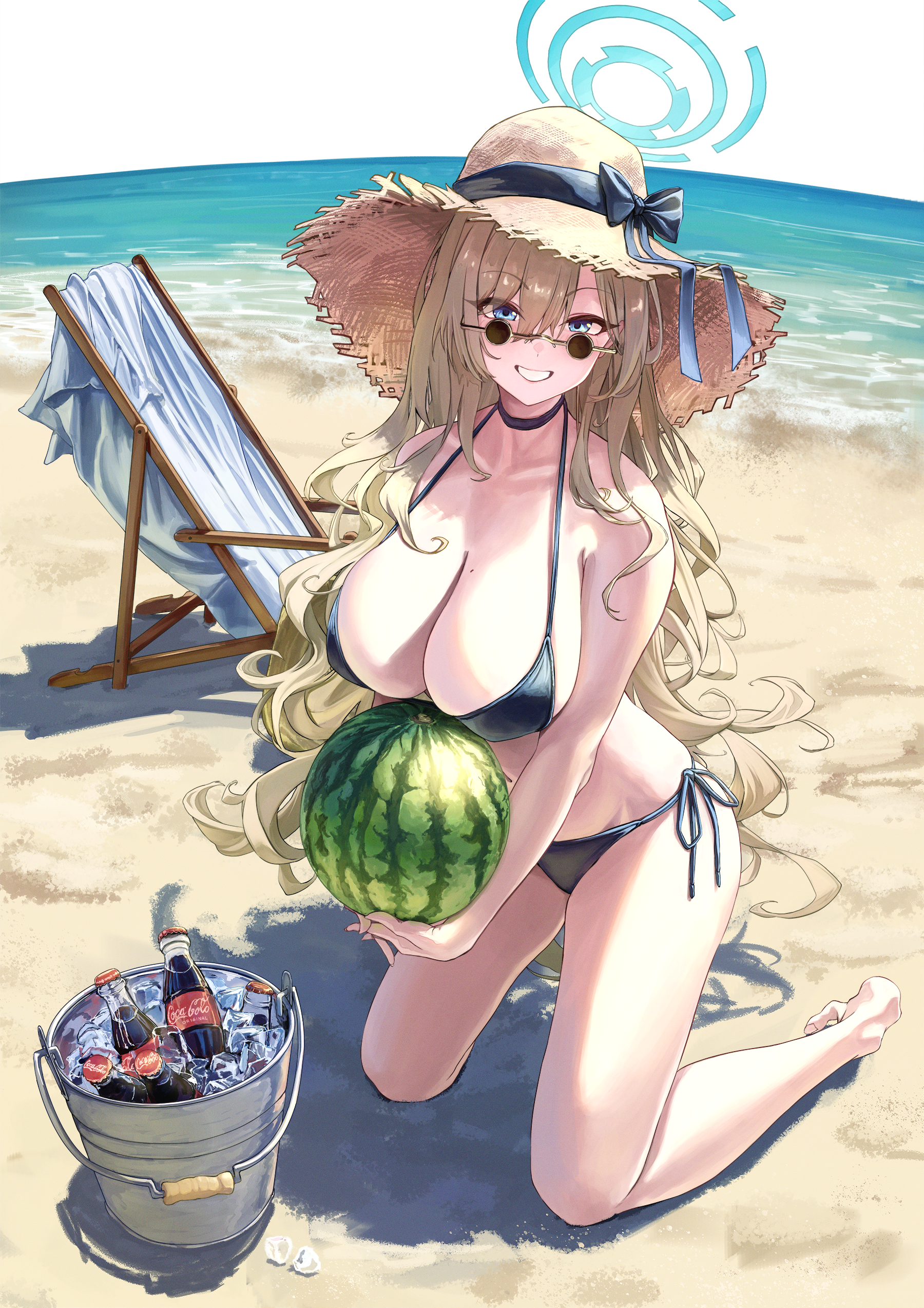 bocchi (kuropom7), asuna (blue archive), blue archive, coca-cola, absurdres, highres, revision, 1girl, alternate costume, bare legs, barefoot, beach, bikini, black bikini, black choker, blonde hair, blue halo, breasts, bucket, choker, cleavage, collarbone, food, fruit, groin, halo, halterneck, hat, huge breasts, ice, kneeling, long hair, looking at viewer, looking over eyewear, messy hair, mole, mole on breast, outdoors, sand, side-tie bikini bottom, soda bottle, solo, straw hat, string bikini, sun hat, sunglasses, swimsuit, thighs, tinted eyewear, very long hair, watermelon