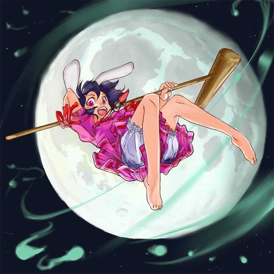 note-takahashi, takahashi note, inaba tewi, touhou, 1girl, animal ears, bloomers, feet, female focus, full moon, hammer, jewelry, kine, mallet, moon, necklace, rabbit ears, short hair, solo, underwear, white bloomers