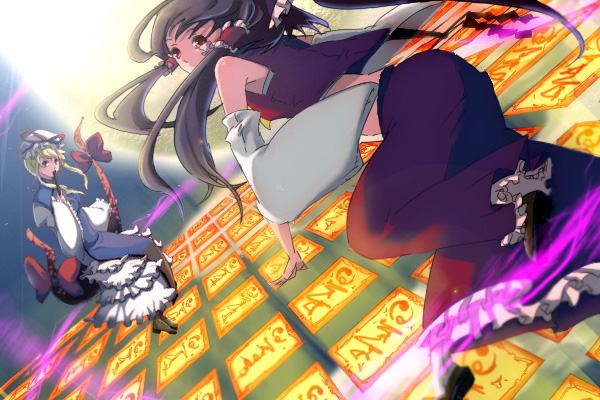 zen (pixiv), zen (raspberry), hakurei reimu, yakumo yukari, touhou, 2girls, blonde hair, covering face, covering own mouth, covering privates, danmaku, dutch angle, female focus, folded fan, folding fan, gap (touhou), hand fan, hat, japanese clothes, long hair, miko, multiple girls, ofuda, ribbon