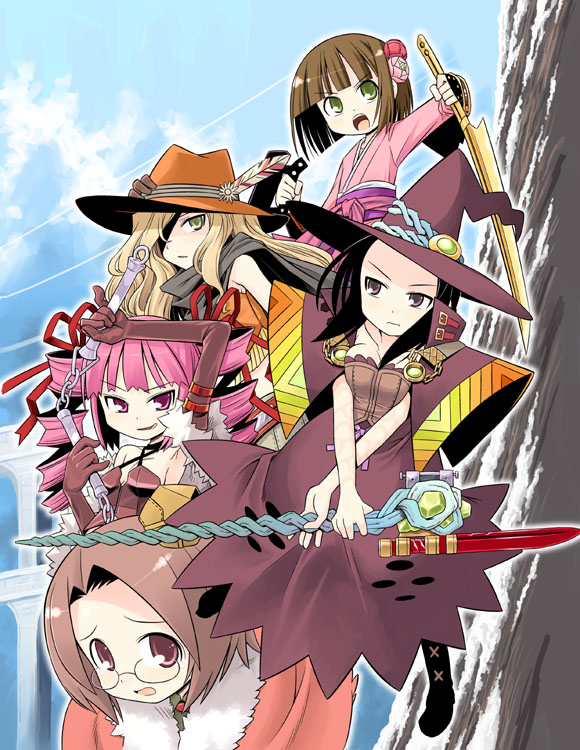 minami juujisei, bushidou (sekaiju), bushidou 4 (sekaiju), dark hunter, dark hunter (sekaiju), dark hunter 4, doctor magus, doctor magus 2, gunner (sekaiju), gunner 4 (sekaiju), magus (chrono trigger), ranger, ranger (sekaiju), ranger 4 (sekaiju), atlus, etrian odyssey, 5girls, multiple girls, samurai, staff, sword, weapon