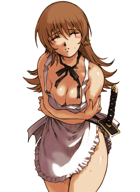 hisahiko, todoroki yachiyo, working!!, 1girl, apron, blush, breasts, brown hair, cleavage, female focus, large breasts, leaning forward, long hair, naked apron, ribbon, simple background, solo, sword, weapon