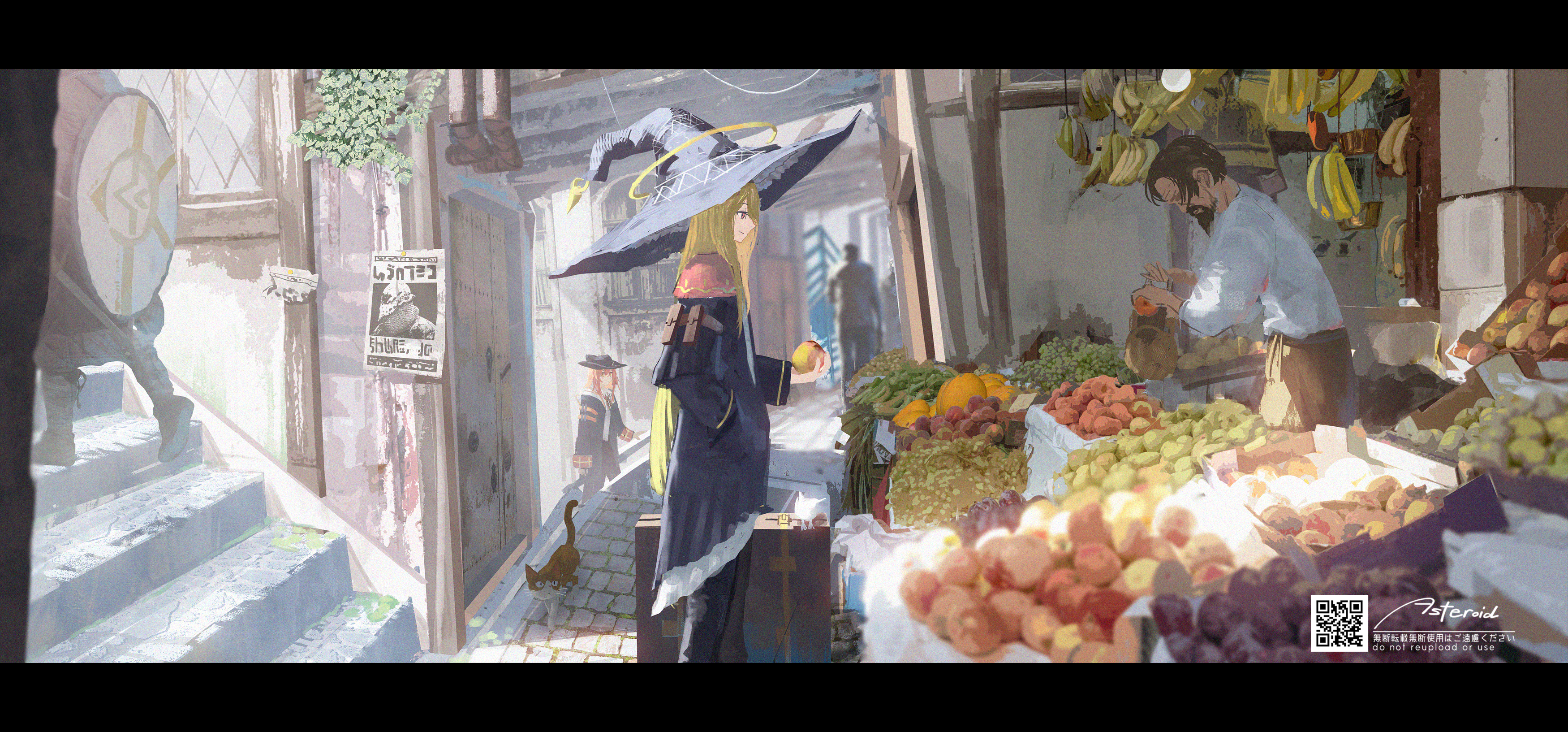 asteroid ill, iris (asteroid ill), merchant, original, absurdres, highres, 1other, 2boys, 2girls, animal, apple, bag, banana, basket, beard, bird, black border, black coat, black pants, blonde hair, border, brown hair, brown pants, cat, coat, day, facial hair, food, fruit, grapes, groceries, hand in pocket, hanging food, hat, holding, holding food, holding fruit, holding shield, lamp, leaf, letterboxed, long hair, long sleeves, market, market stall, melon, multiple boys, multiple girls, neck ribbon, pants, plant, red hair, ribbon, scenery, shield, shirt, smile, stairs, standing, stone floor, stone stairs, storefront, suitcase, sunlight, torn, vegetable, very long hair, wanted poster, watermark, white shirt, wide shot, witch, witch hat