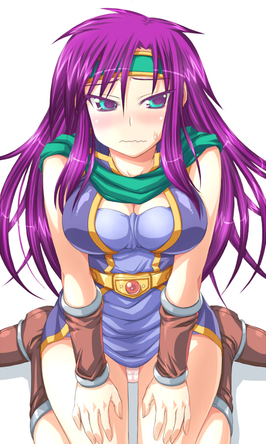 morimoto kiyona, faris scherwiz, final fantasy, final fantasy v, 1990s (style), 1girl, blue eyes, blush, breasts, female focus, headband, purple hair, retro artstyle, simple background, solo