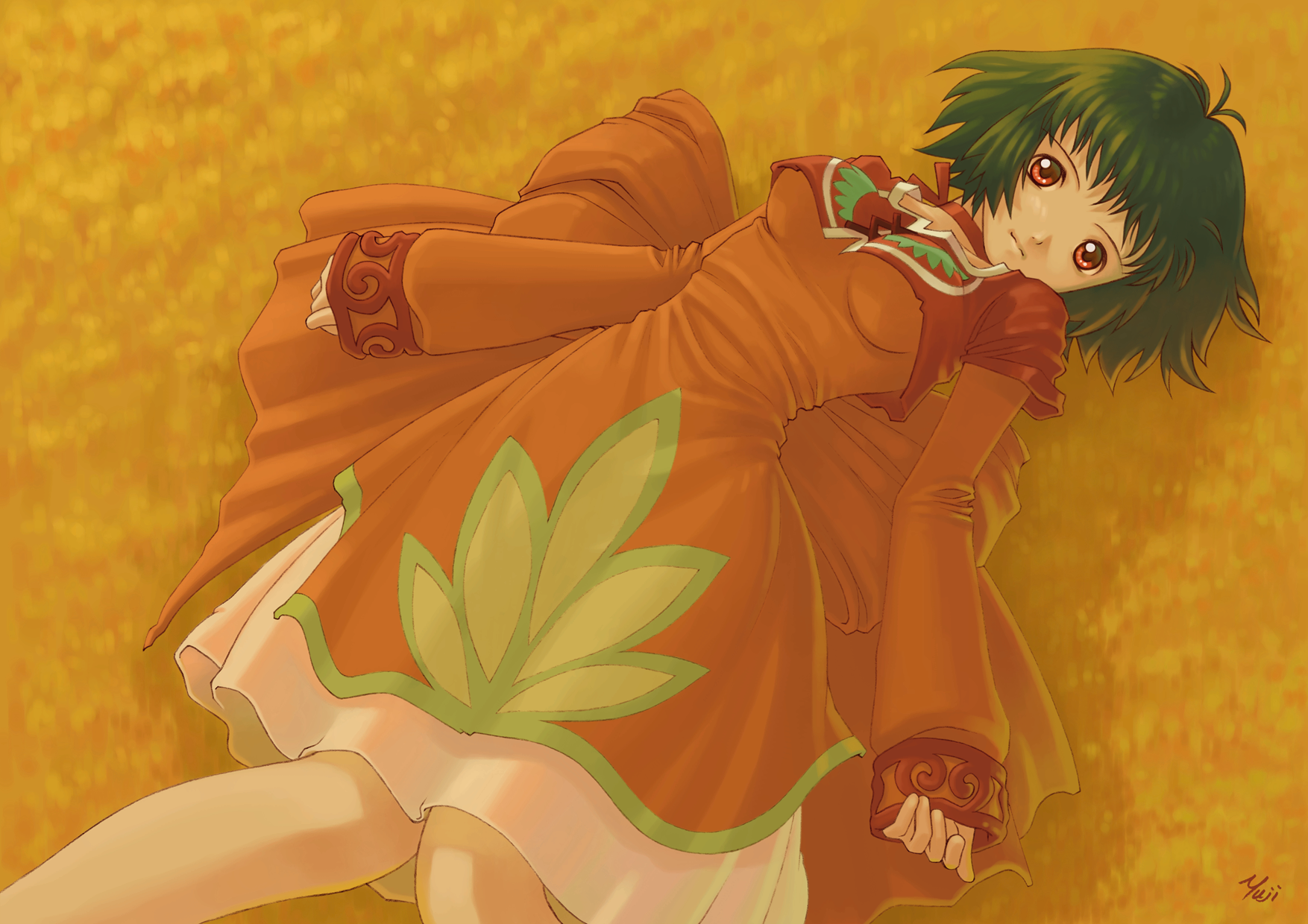 kobayashi yuji, farah oersted, tales of (series), tales of eternia, highres, 00s, 1girl, antenna hair, artist name, breasts, choker, dress, female focus, green hair, long sleeves, lying, medium breasts, solo
