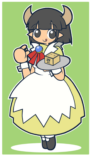 amazake (manuke no oukoku), original, bad source, 1girl, :q, apron, beans, black eyes, black hair, black shoes, blue gemstone, blunt bangs, blunt ends, border, box, brooch, brown horns, buttoned cuffs, buttons, closed mouth, deformed, demon girl, demon horns, dress, dress shirt, flat color, food, gem, gold buttons, green background, holding, holding food, holding plate, holding stuffed toy, horns, jewelry, legs together, looking at viewer, maid, maid apron, mamemaki, mary janes, masu, medium hair, no nose, ogre, oni, outline, plate, pointy ears, puffy short sleeves, puffy sleeves, red ribbon, ribbon, setsubun, shirt, shoes, short sleeves, simple background, solo, soybean, stuffed toy, tongue, tongue out, white apron, white border, white outline, white wrist cuffs, wooden box, wrist cuffs, yellow dress, yellow sleeves