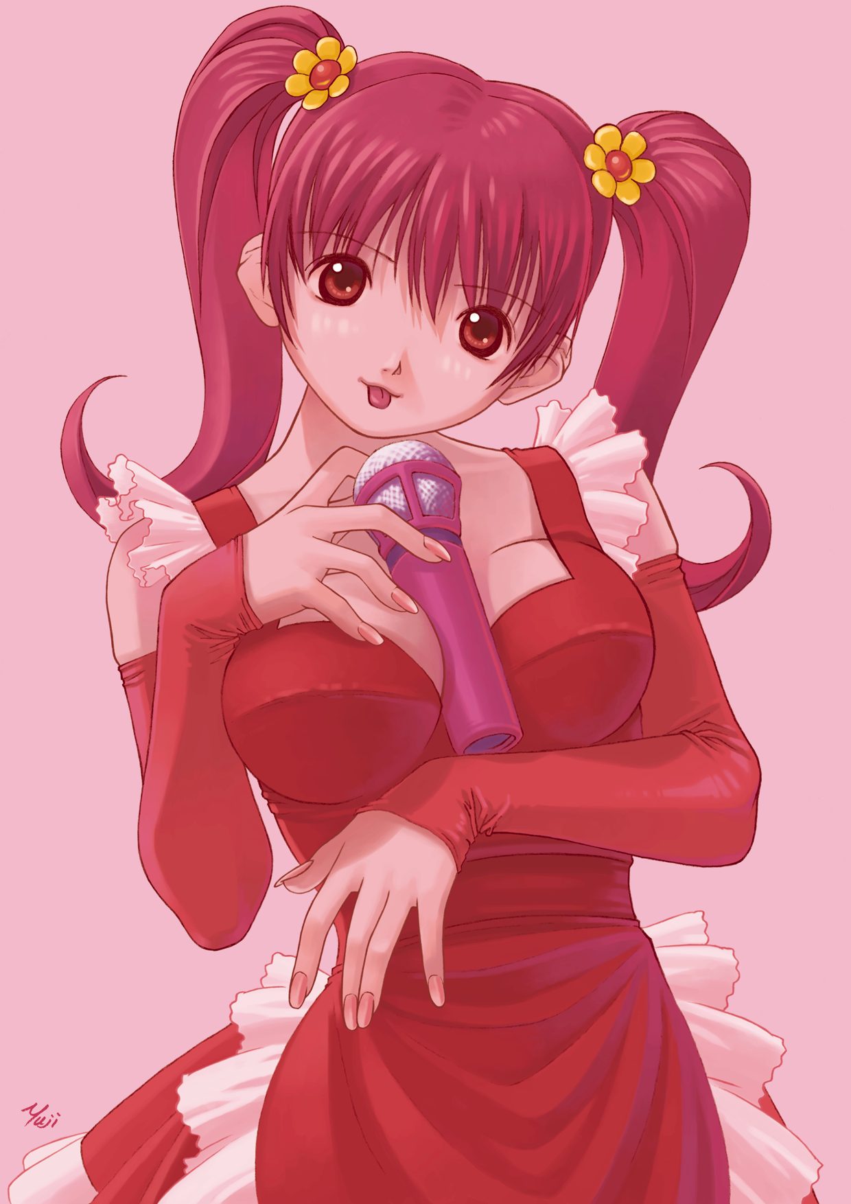 kobayashi yuji, highres, 1girl, :p, artist name, between breasts, breasts, cleavage, dress, female focus, hair ornament, medium breasts, microphone, pink background, simple background, solo, tongue, tongue out, twintails