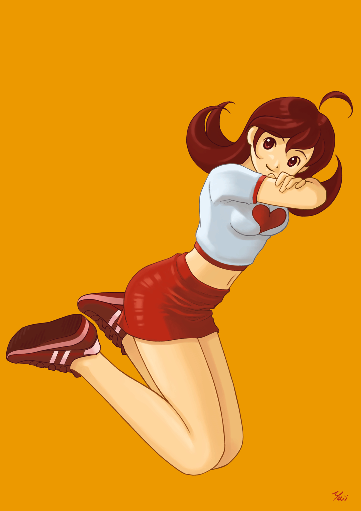 kobayashi yuji, highres, 1girl, ahoge, artist name, bare legs, crop top, female focus, full body, heart, legs, looking at viewer, midriff, miniskirt, navel, no socks, red skirt, simple background, skirt, smile, solo