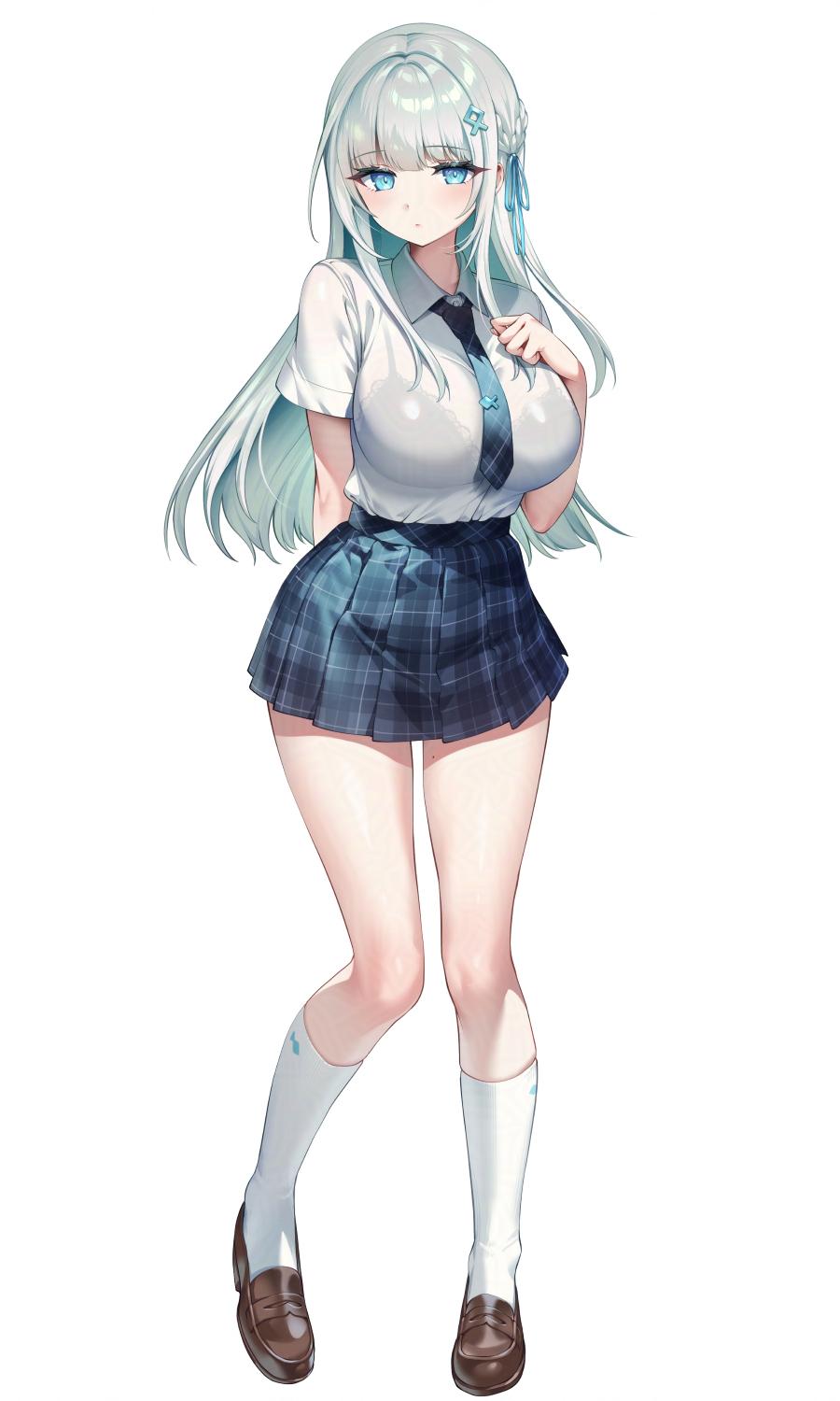 gomashio ponz, original, highres, 1girl, aqua eyes, aqua hair, arm behind back, breasts, brown shoes, closed mouth, collared shirt, full body, grey hair, hair ornament, kneehighs, large breasts, loafers, long hair, looking at another, mole, mole on thigh, multicolored eyes, necktie, school uniform, shirt, shoes, simple background, skirt, socks, standing, white background, white socks