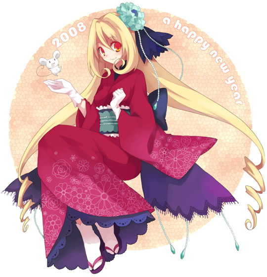 koto (colorcube), melona (koto), original, bad id, bad pixiv id, 00s, 1girl, 2008, blonde hair, drill hair, female focus, furisode, hair ornament, japanese clothes, kimono, long hair, looking at viewer, mouse (animal), new year, obi, red eyes, sandals, sash, smile, solo, tabi, twin drills, twintails, yukata