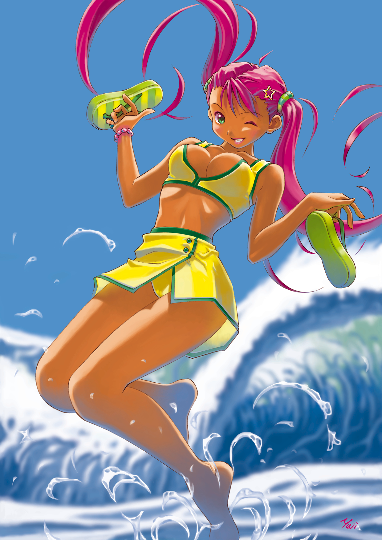 kobayashi yuji, original, striped, highres, 1girl, ;d, ahoge, artist name, barefoot, bikini, blurry, bracelet, breasts, buttons, cleavage, depth of field, dual wielding, feet, female focus, floating hair, green eyes, grin, hair ornament, holding, jewelry, jumping, long hair, looking at viewer, miniskirt, ocean, one eye closed, open mouth, outdoors, pink hair, sandals, scrunchie, shoes, signature, skirt, sky, smile, solo, splashing, star (symbol), swimsuit, tan, tankini, twintails, unworn shoes, very long hair, water, waves, wink