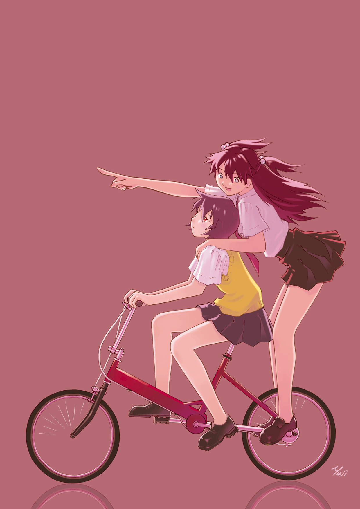 kobayashi yuji, ayanami rei, souryuu asuka langley, neon genesis evangelion, highres, 2girls, artist name, bicycle, female focus, full body, hair bobbles, hair ornament, long hair, miniskirt, multiple girls, necktie, pointing, reflection, school uniform, shirt, short hair, simple background, skirt, vest, white eyes, white shirt