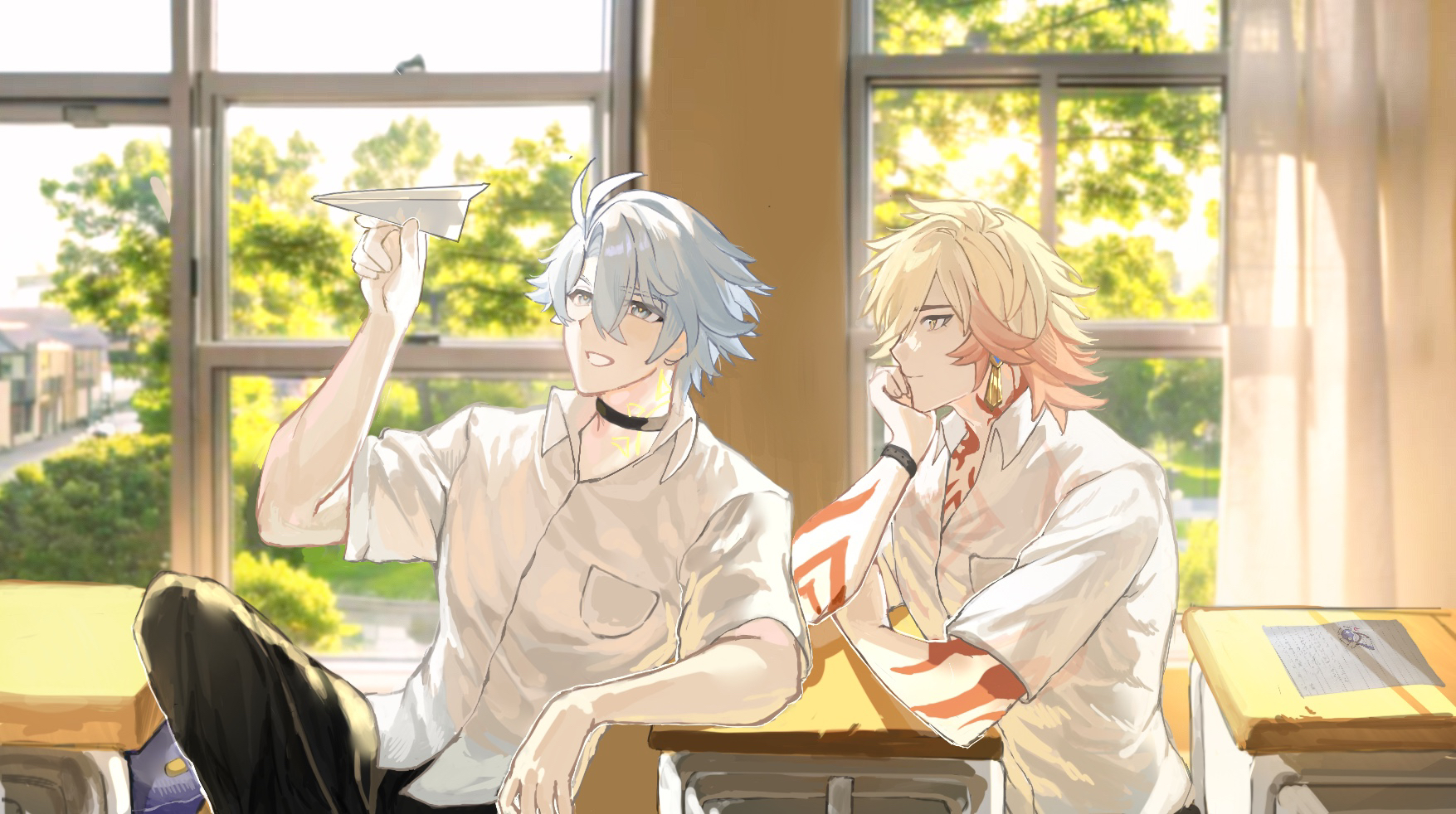 mydei (honkai: star rail), phainon (honkai: star rail), honkai: star rail, honkai (series), chinese commentary, commentary request, highres, 2boys, arm tattoo, black pants, blonde hair, braid, chair, chest tattoo, collared shirt, desk, gradient hair, hair between eyes, holding, holding paper airplane, male focus, medium hair, multicolored hair, multiple boys, pants, paper airplane, red hair, red tattoo, school chair, school desk, school uniform, shirt, side braid, tattoo, white shirt, wochaoyongde66791, yellow eyes