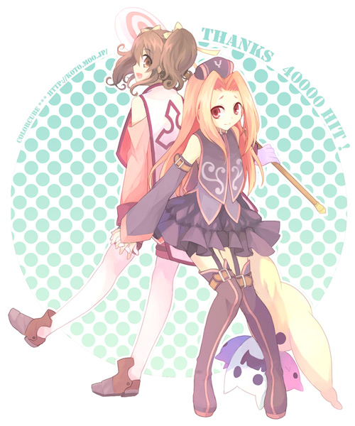 koto (colorcube), anise tatlin, arietta (tales), tales of (series), tales of the abyss, white legwear, 00s, 2girls, holding hands, milestone celebration, multiple girls, pantyhose