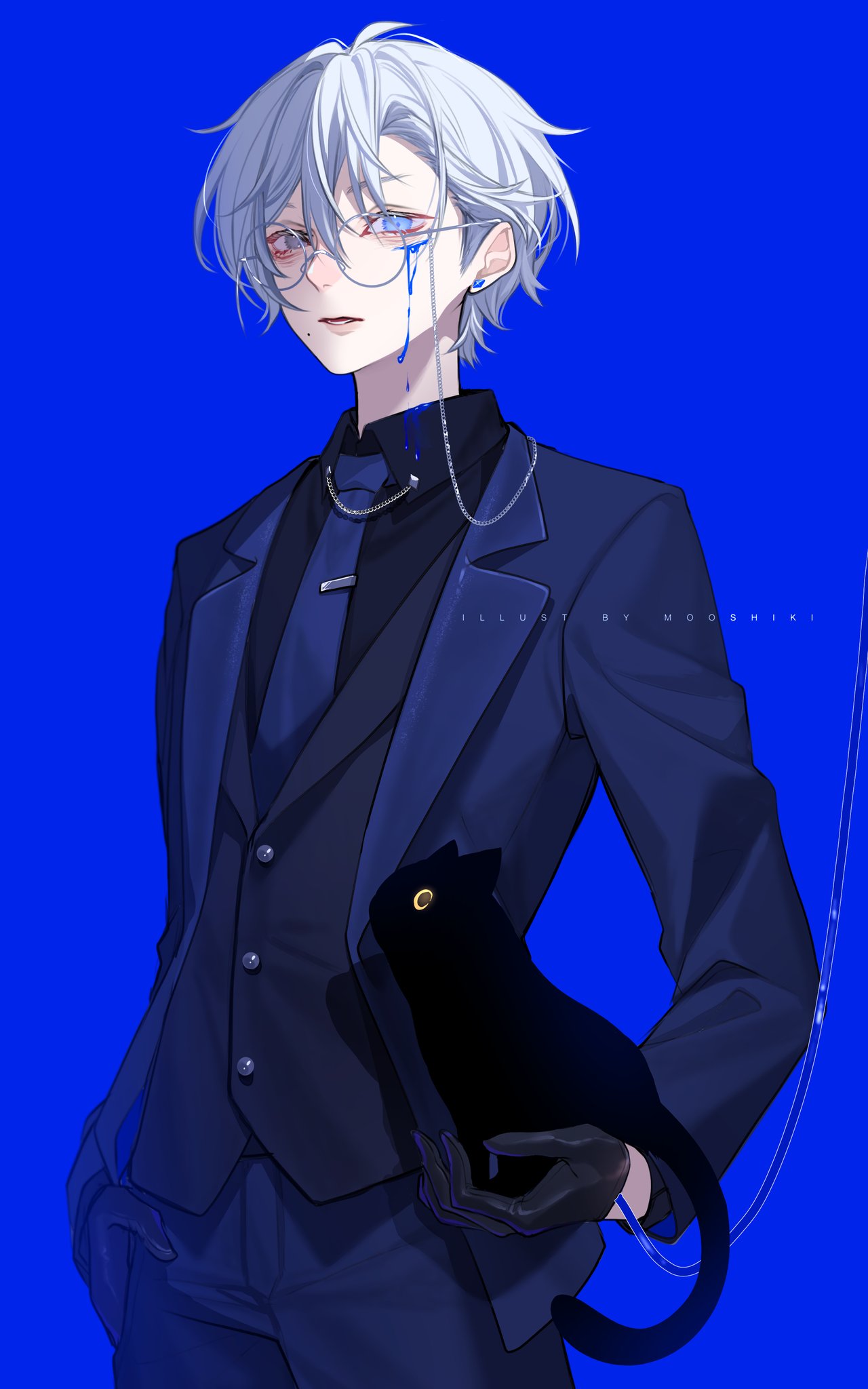 original, commentary, english commentary, highres, 1boy, animal, artist name, black cat, black shirt, black vest, blue background, blue eyes, blue jacket, blue necktie, blue pants, blue suit, blue theme, cat, collared shirt, cowboy shot, formal clothes, glasses, hair between eyes, holding, holding animal, holding cat, jacket, long sleeves, looking at viewer, male focus, mole, mole under mouth, mooshiki, necktie, nose, pants, parted lips, round eyewear, shirt, short hair, simple background, solo, suit, suit jacket, vest, white hair
