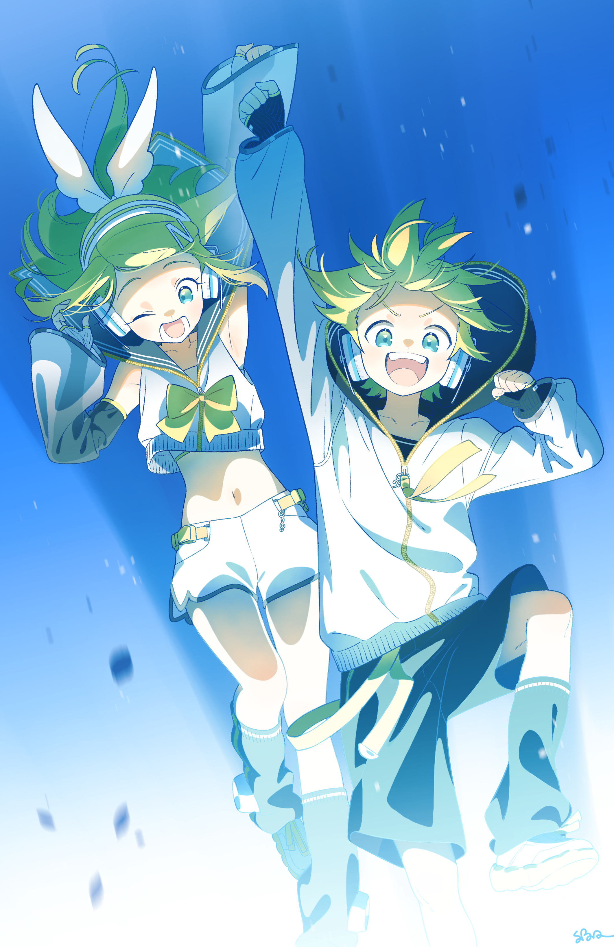 bon bon eee, kagamine len, kagamine rin, piapro studio, vocaloid, absurdres, highres, 1girl, ;d, arm up, belt, black sailor collar, black shorts, blonde hair, blue background, blue eyes, bow, crop top, detached sleeves, fingerless gloves, floating hair, gloves, hair bow, hair ornament, hairclip, hand up, headphones, headset, hood, hoodie, jacket, kagamine len (nt), kagamine rin (nt), leg up, leg warmers, looking at viewer, midriff, navel, neckerchief, one eye closed, open mouth, sailor collar, see-through clothes, see-through sleeves, shirt, shoes, short hair, shorts, signature, sleeveless, sleeveless shirt, smile, spiked hair, white bow, white shirt, white shorts, yellow neckerchief