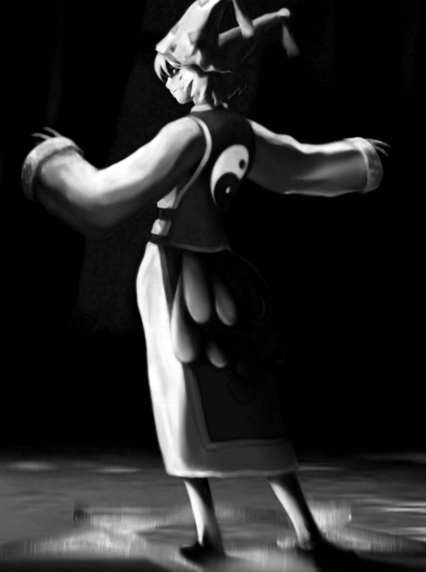 futon (kitsune tsuki), kitsune tsuki, yakumo ran, touhou, 1girl, animal hat, dress, female focus, full body, greyscale, hat, long sleeves, mob cap, monochrome, outstretched arms, short hair, sleeves past wrists, solo, standing, tabard, tassel, wide sleeves, yin yang