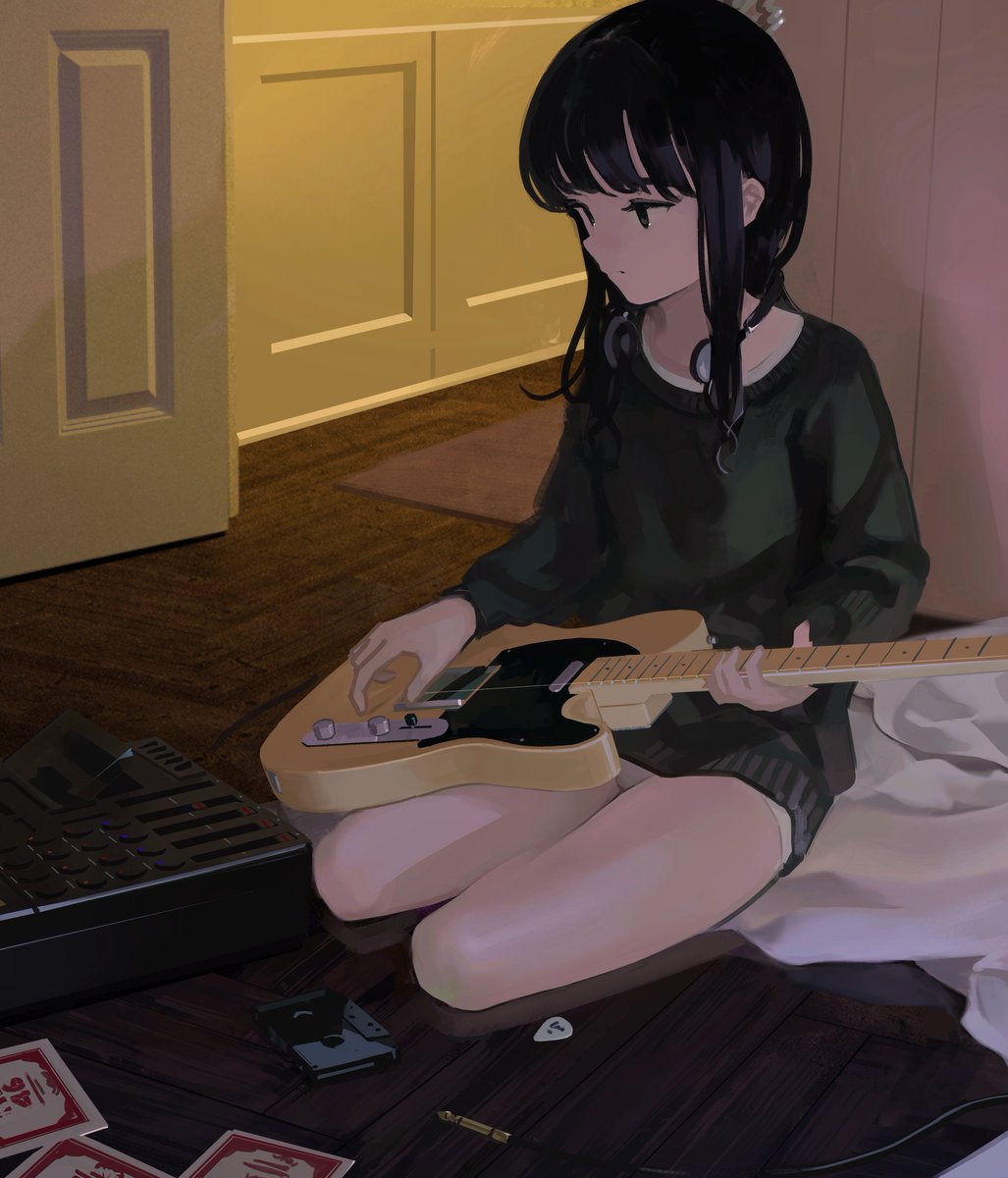 orval, original, highres, 1girl, black hair, cable, cassette tape, electric guitar, expressionless, floor, guitar, indoors, instrument, mixing console, music, no pants, on floor, open door, panties, playing guitar, playing instrument, plectrum, sitting, solo, sweater, underwear, white panties, wooden floor, yokozuwari