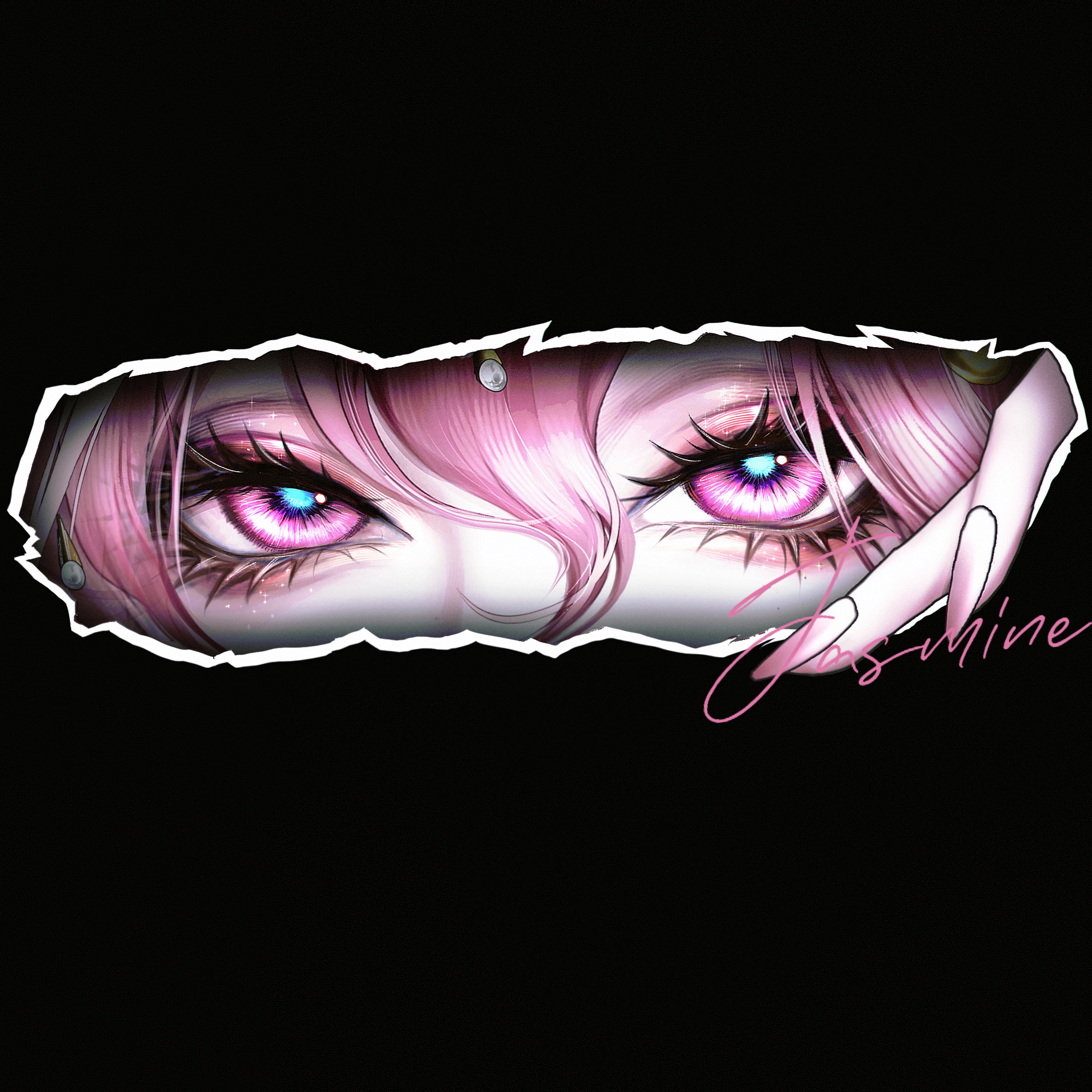 yu zhezhe, jasmine (path to nowhere), path to nowhere, absurdres, chinese commentary, commentary, highres, 1girl, black background, character name, diffraction spikes, eye focus, glitter makeup, hair between eyes, half-closed eyes, looking at viewer, nail polish, pearl hair ornament, pink eyes, pink hair, pink nails, simple background, solo