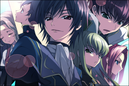 ryou (kimagure), c.c., kouzuki kallen, kururugi suzaku, lelouch vi britannia, nunnally vi britannia, rolo lamperouge, code geass, bad id, bad pixiv id, 00s, 3boys, 3girls, :o, black hair, brown hair, green eyes, green hair, long hair, military, military uniform, multiple boys, multiple girls, open mouth, purple eyes, red hair, smirk, upper body, very long hair, yellow eyes