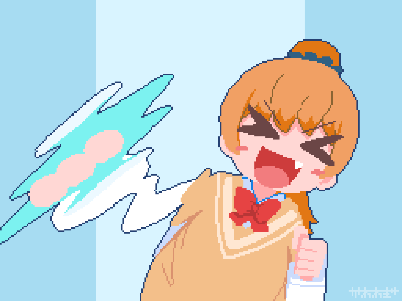 kawawagi, original, animated, animated gif, > <, 1girl, :3, :d, blue background, blue skirt, blush stickers, bow, bowtie, brown shoes, brown sweater vest, can, drink can, fang, high ponytail, holding, holding umbrella, long sleeves, open mouth, orange hair, pantyhose, pixel art, ponytail, red bow, red bowtie, reflective floor, shoes, sitting, skirt, smile, solo, sweater vest, thumbtack, two-tone background, umbrella