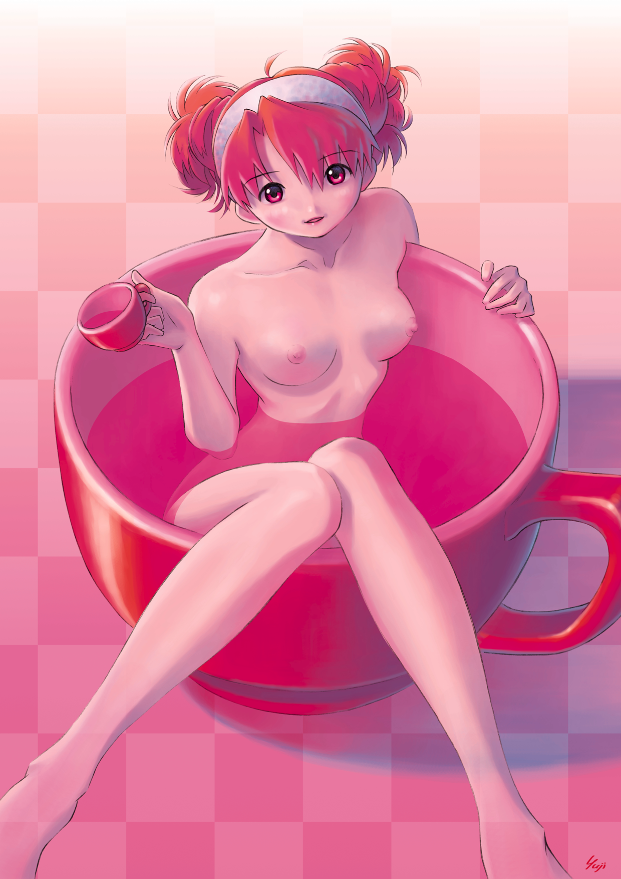kobayashi yuji, highres, 1girl, artist name, barefoot, breasts, collarbone, cup, female focus, hairband, holding, in container, in cup, looking at viewer, nipples, nude, open mouth, partially submerged, solo