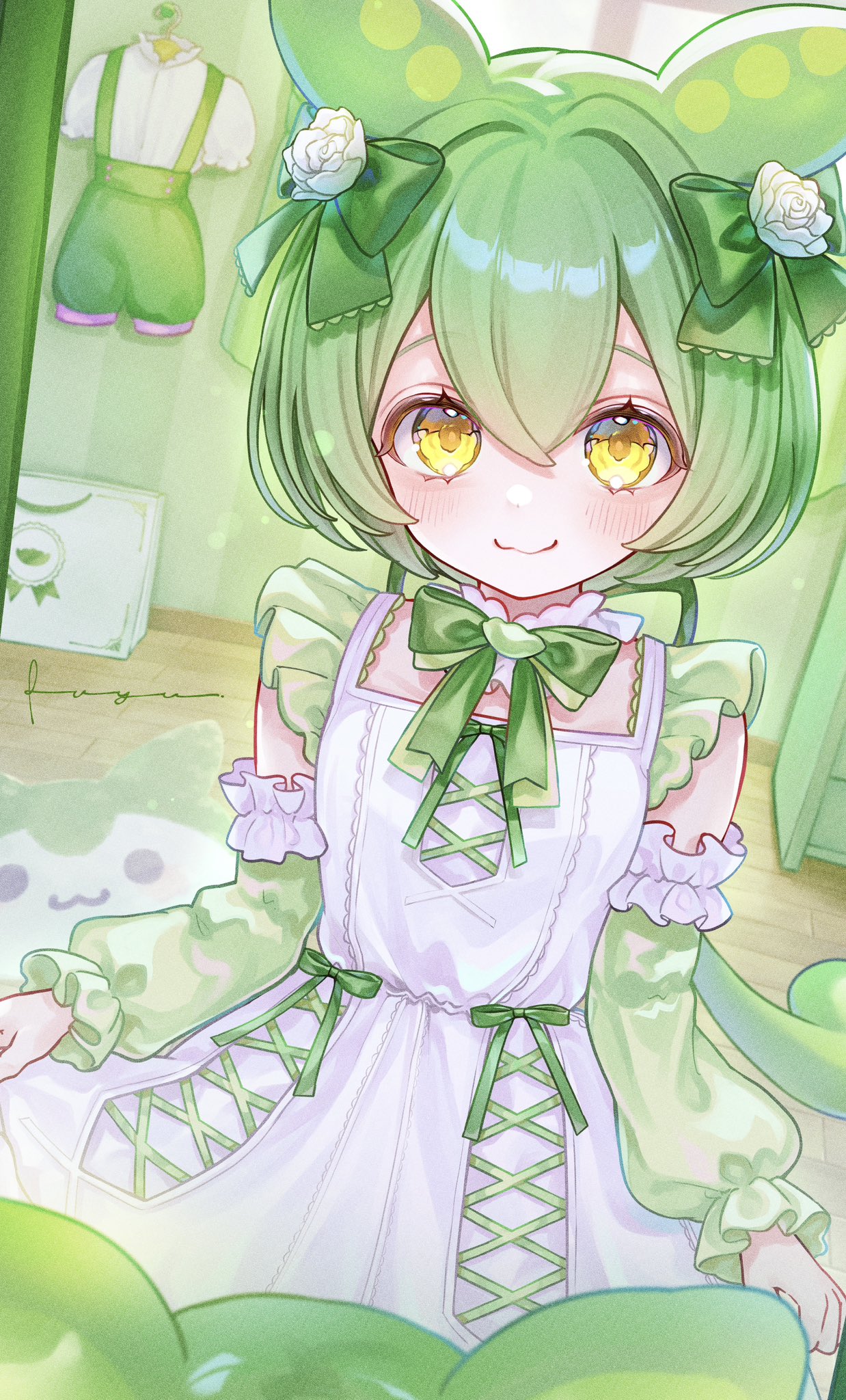 fuyu (xxfylia), zundamon, voicevox, highres, 1girl, :3, alternate costume, blush, bow, closed mouth, cross-laced clothes, cross-laced dress, detached sleeves, dress, flower, frilled dress, frilled sleeves, frills, green bow, green hair, green ribbon, hair between eyes, hair bow, hair flower, hair ornament, indoors, long hair, long sleeves, looking at viewer, puffy sleeves, ribbon, rose, skirt hold, smile, solo, suspenders, white dress, white flower, yellow eyes