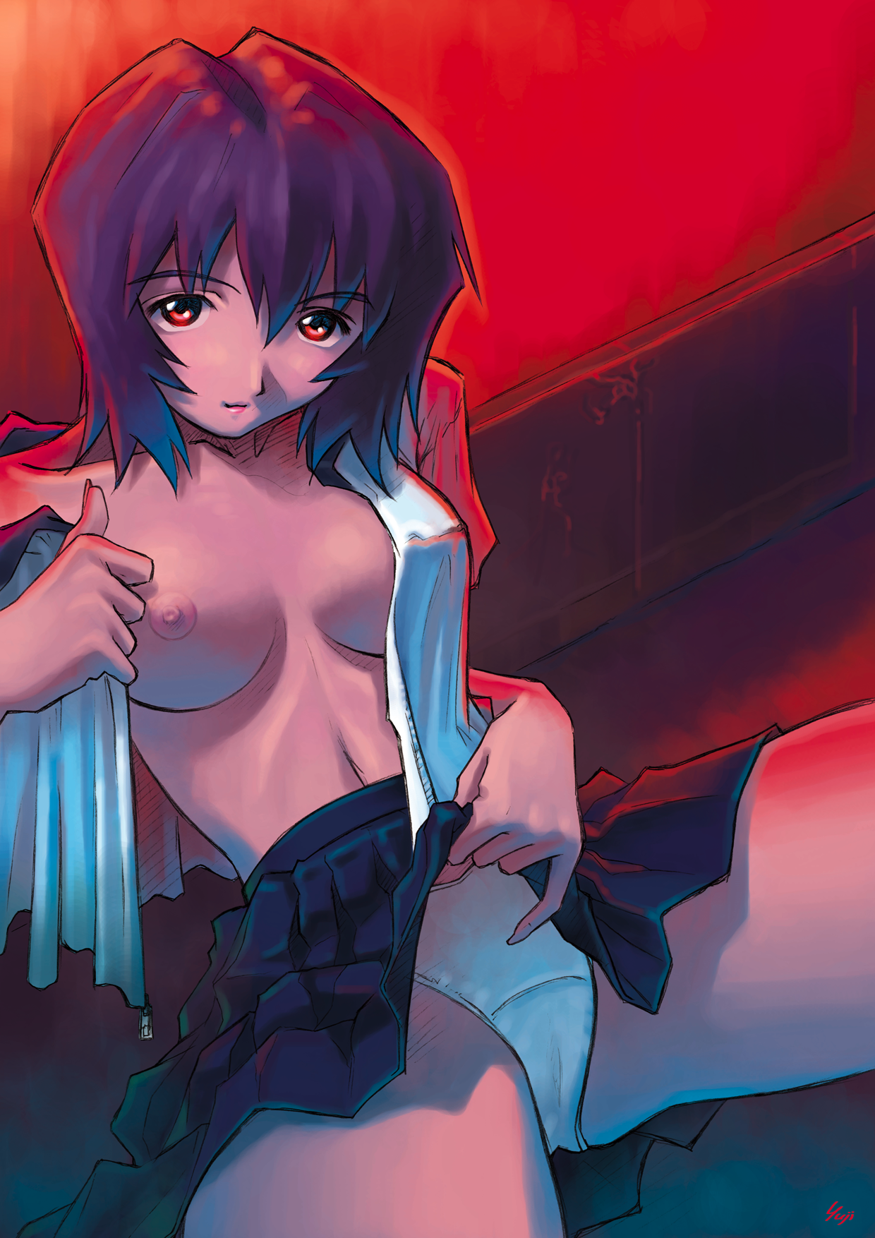 kobayashi yuji, ayanami rei, neon genesis evangelion, highres, 1girl, artist name, blue hair, breasts, clothes lift, female focus, no bra, open clothes, open shirt, panties, pleated skirt, school uniform, serafuku, shirt, sitting, skirt, skirt lift, solo, underwear, white panties