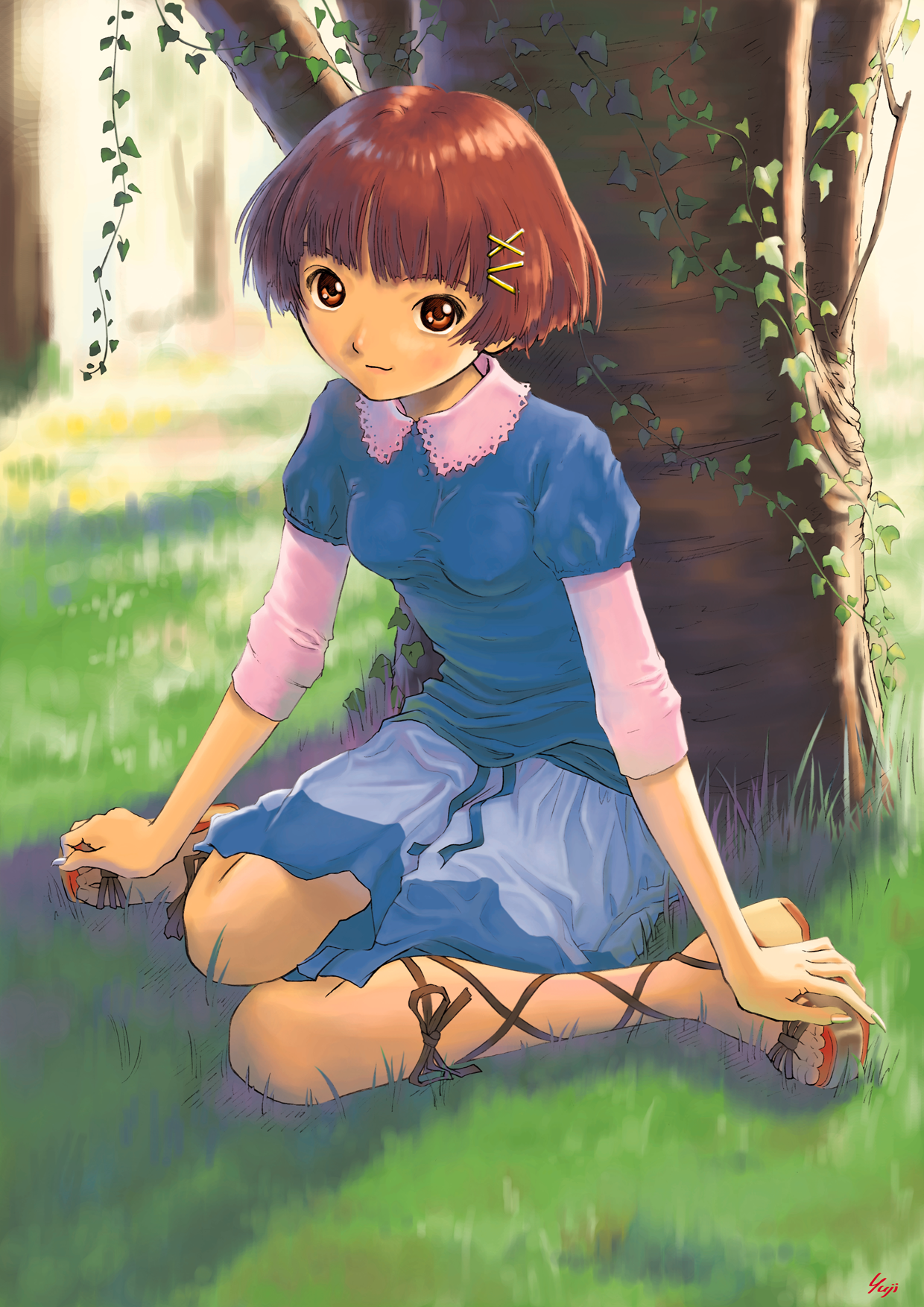 kobayashi yuji, highres, 1girl, artist name, breasts, brown eyes, brown hair, female focus, grass, hair ornament, nature, outdoors, plant, sandals, short hair, sitting, solo, tree, vines