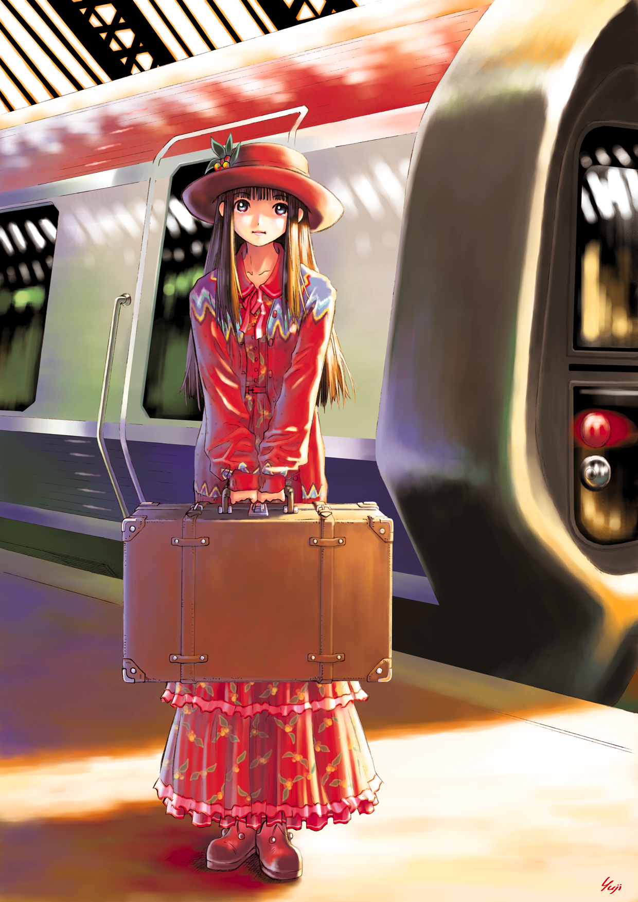 kobayashi yuji, original, vehicle, highres, 1girl, blue eyes, brown hair, dress, female focus, hat, holding, long hair, solo, suitcase, tears, train, train station