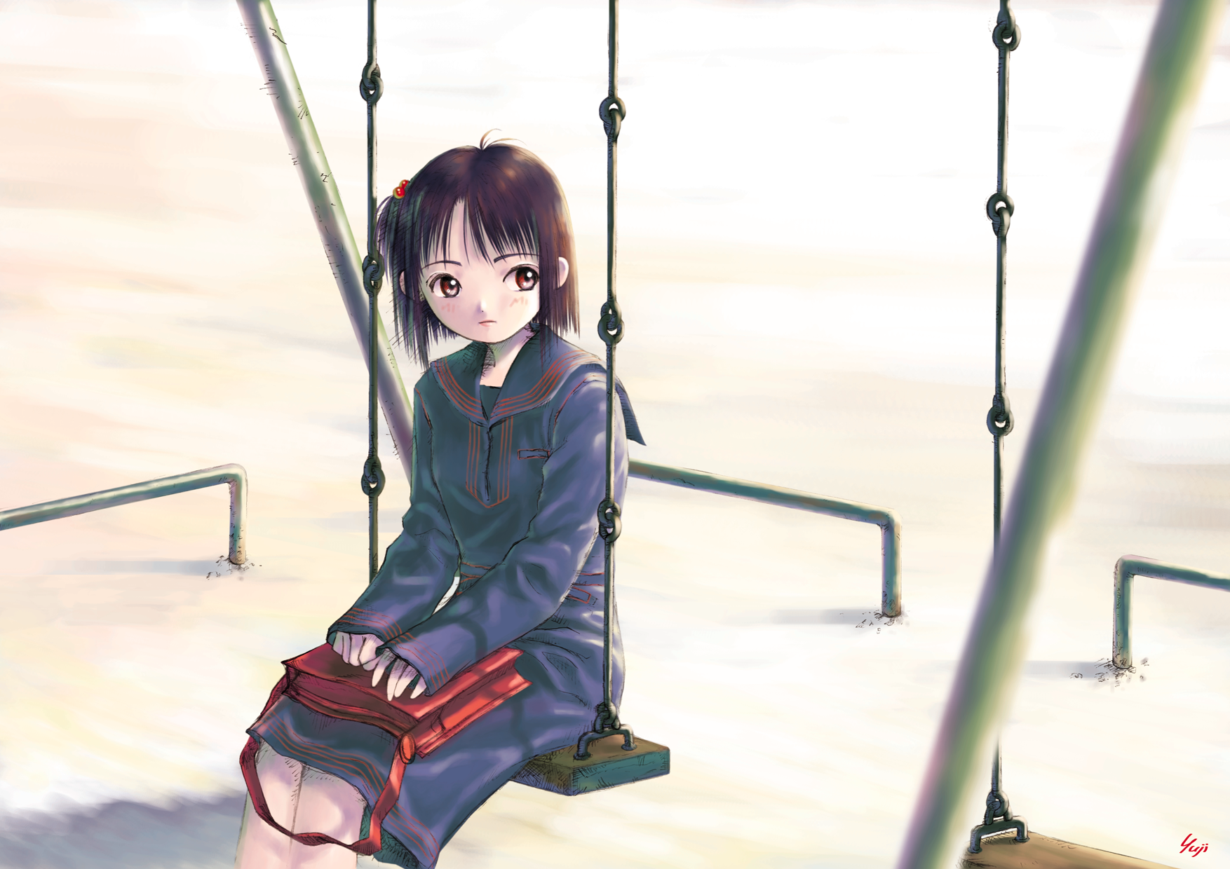 kobayashi yuji, highres, 1girl, bag, brown eyes, brown hair, female focus, hair bobbles, hair ornament, handbag, outdoors, school uniform, serafuku, short hair, side ponytail, sitting, solo, swing