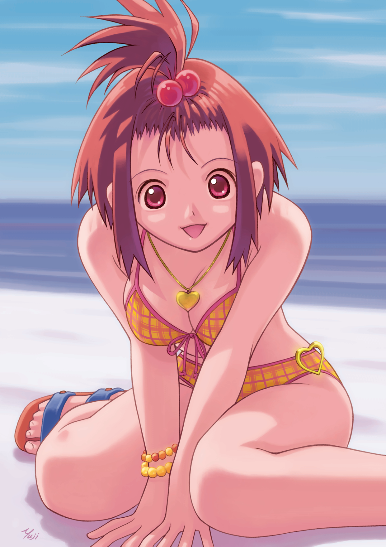 kobayashi yuji, highres, 1girl, :d, artist name, beach, bikini, bracelet, breasts, brown hair, cleavage, day, feet, female focus, hair bobbles, hair ornament, heart, high ponytail, jewelry, medium breasts, necklace, open mouth, outdoors, plaid bikini, plaid clothes, ponytail, red eyes, sandals, sitting, sky, smile, solo, swimsuit, wariza