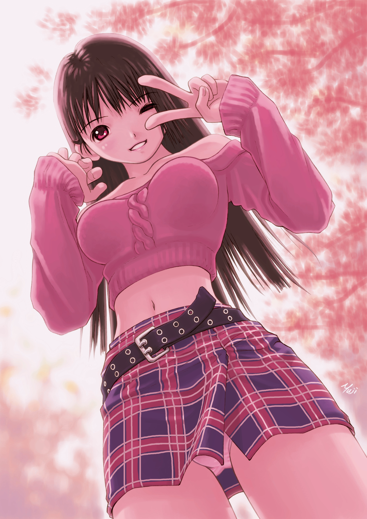 kobayashi yuji, highres, 1girl, bare shoulders, belt, blush, breasts, brown hair, female focus, from below, large breasts, long hair, looking at viewer, midriff, miniskirt, navel, one eye closed, panties, pantyshot, plaid clothes, plaid skirt, red eyes, skirt, solo, standing, sweater, underwear, upskirt, v, wink
