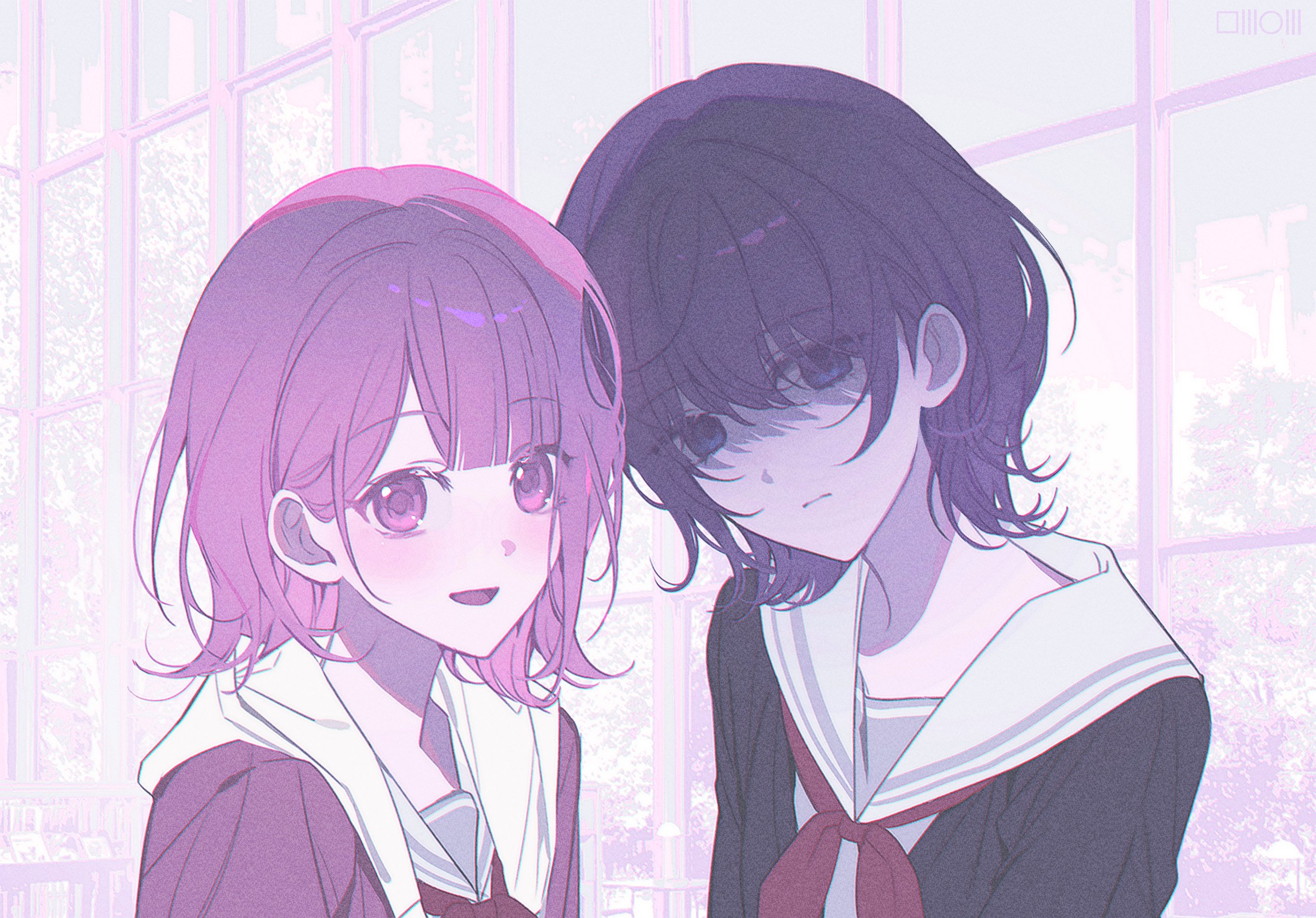 asahina mafuyu, ootori emu, project sekai, highres, 2girls, black cardigan, black hair, cardigan, closed mouth, empty eyes, jacket, looking at viewer, m33hae, medium hair, miyamasuzaka girls' academy school uniform, multiple girls, neckerchief, open clothes, open mouth, pink eyes, pink hair, purple eyes, purple hair, red neckerchief, sailor collar, school uniform, serafuku, shirt, short hair, smile, upper body, white sailor collar, window