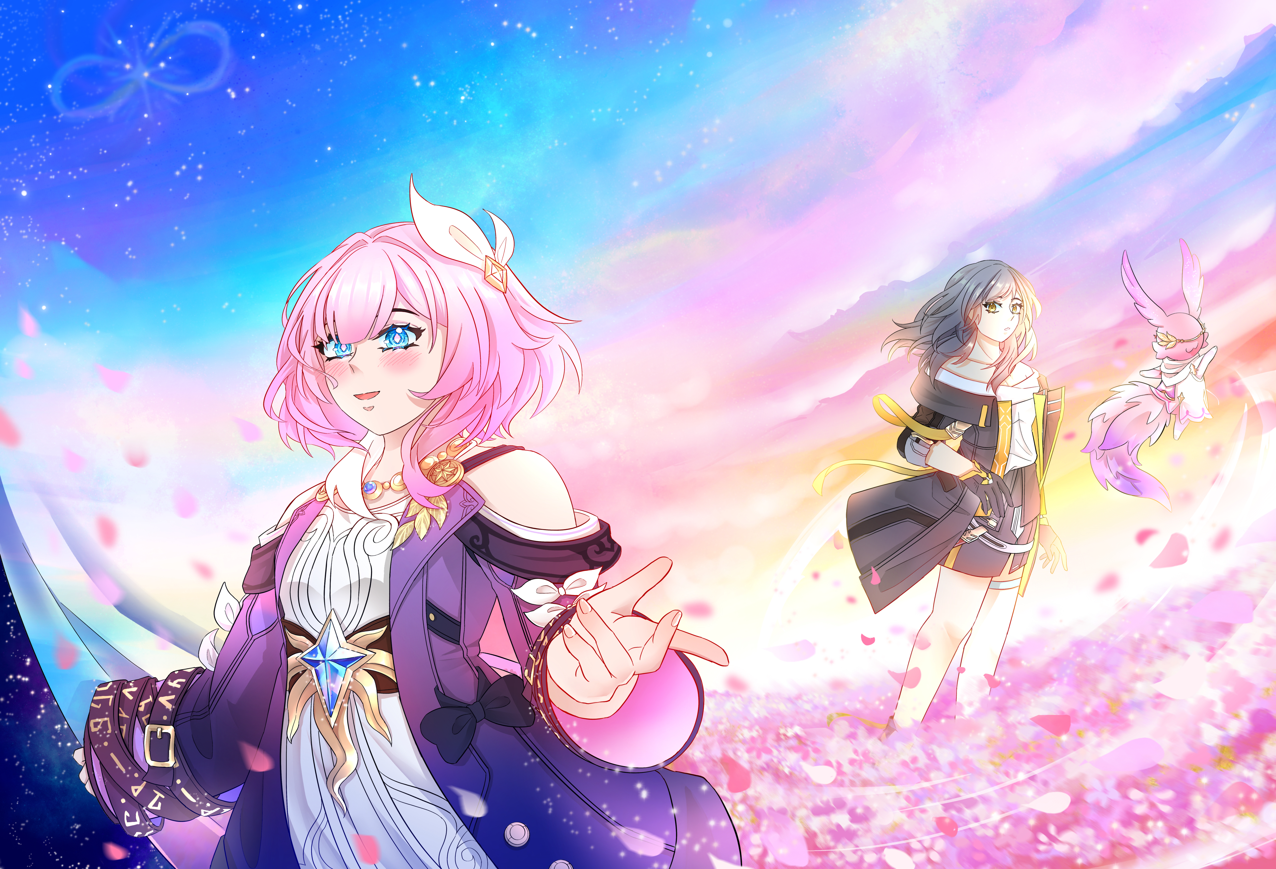 cyrene (honkai: star rail), mem (honkai: star rail), stelle (honkai: star rail), trailblazer (honkai: star rail), honkai: star rail, honkai (series), absurdres, commentary, english commentary, highres, 2girls, amphoreus (honkai: star rail), bare shoulders, black coat, black skirt, blue sky, blush, breasts, coat, dress, falling petals, field, flower, flower field, grey hair, hair ornament, infinity symbol, jewelry, multicolored hair, multiple girls, necklace, otaki art, outdoors, parted lips, petals, pink hair, purple coat, shirt, skirt, sky, small breasts, star (sky), starry sky, tail, two-tone hair, white dress, white hair, white shirt, yellow eyes