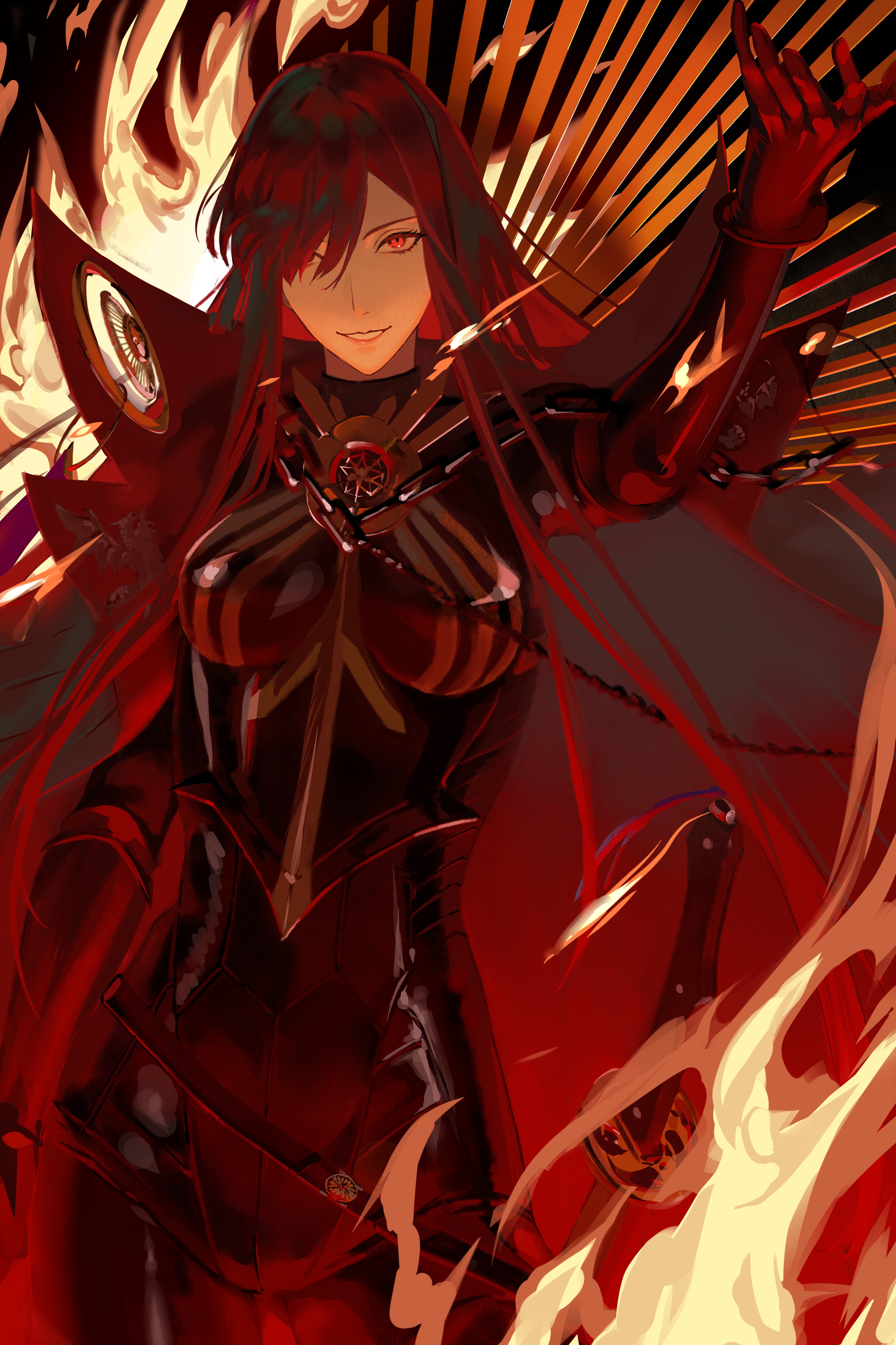 oda nobunaga (fate), oda nobunaga (maou avenger) (fate), fate/grand order, fate (series), tight top, absurdres, highres, 1girl, arm up, black bodysuit, bodysuit, breasts, cape, chain, collared cape, crest, embers, family crest, fire, gloves, hair over one eye, katana, long hair, looking at viewer, medallion, momota 3448, oda uri, popped collar, red cape, red eyes, red hair, shadow, sheath, sheathed, smile, solo, sword, underlighting, very long hair, weapon