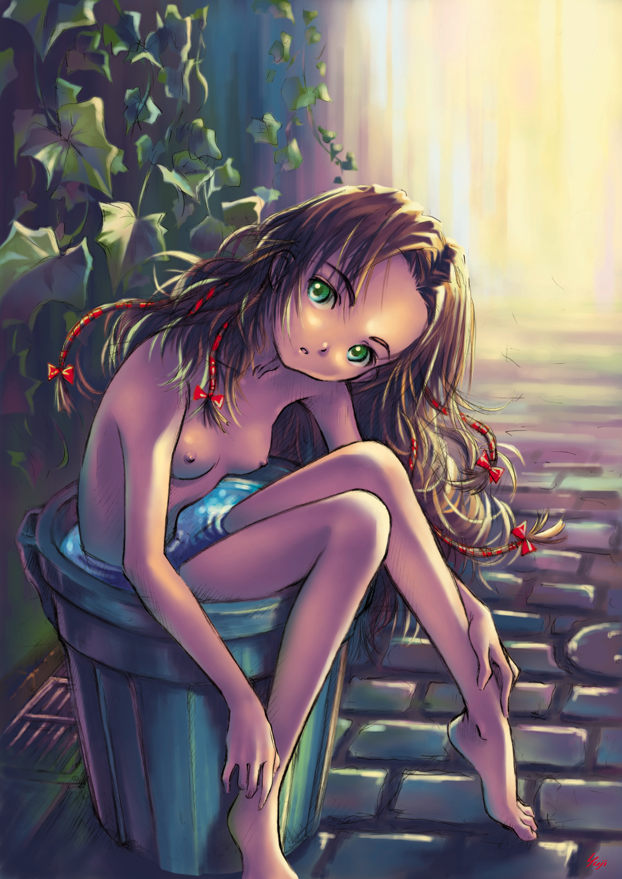 kobayashi yuji, highres, 1girl, artist name, barefoot, breasts, feet, female focus, green eyes, legs, looking at viewer, nipples, nude, outdoors, partially submerged, solo, toes, trash can, water