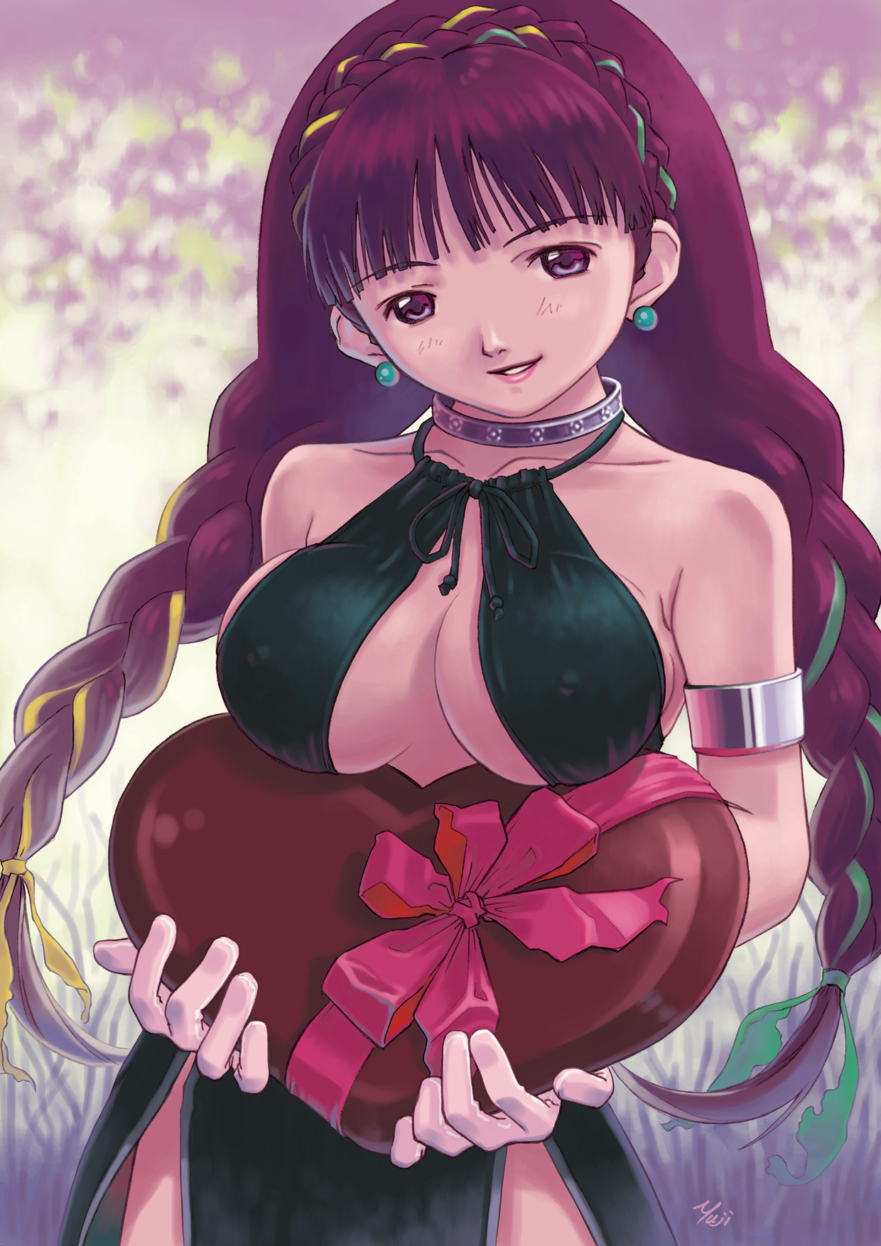 kobayashi yuji, highres, 1girl, armlet, artist name, braid, breasts, cleavage, covered erect nipples, earrings, female focus, gift, gloves, hair ribbon, heart, jewelry, long hair, medium breasts, ribbon, smile, solo, thighs, twin braids