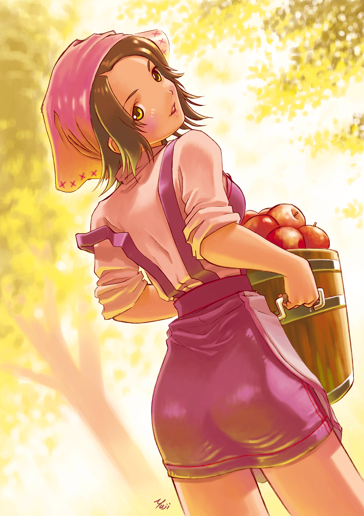 kobayashi yuji, highres, 1girl, apple, artist name, ass, bandana, blush, brown hair, female focus, food, fruit, holding, looking back, miniskirt, outdoors, short hair, skirt, solo, strap slip, tree, yellow eyes