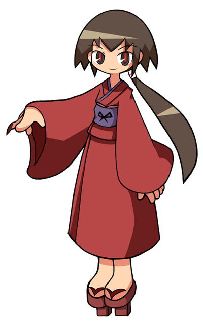 amazake (manuke no oukoku), kurame, kusari hime: euthanasia, bad source, 1girl, anime coloring, arm at side, black bow, bow, brown sandals, closed mouth, full body, geta, grey eyes, japanese clothes, kimono, legs together, long hair, long sleeves, motoyui, no nose, obi bow, obiage, ponytail, purple sash, red kimono, red pupils, red sleeves, sandals, sash, simple background, single sidelock, sleeves past wrists, smile, solo, standing, tengu-geta, white background, wide sleeves