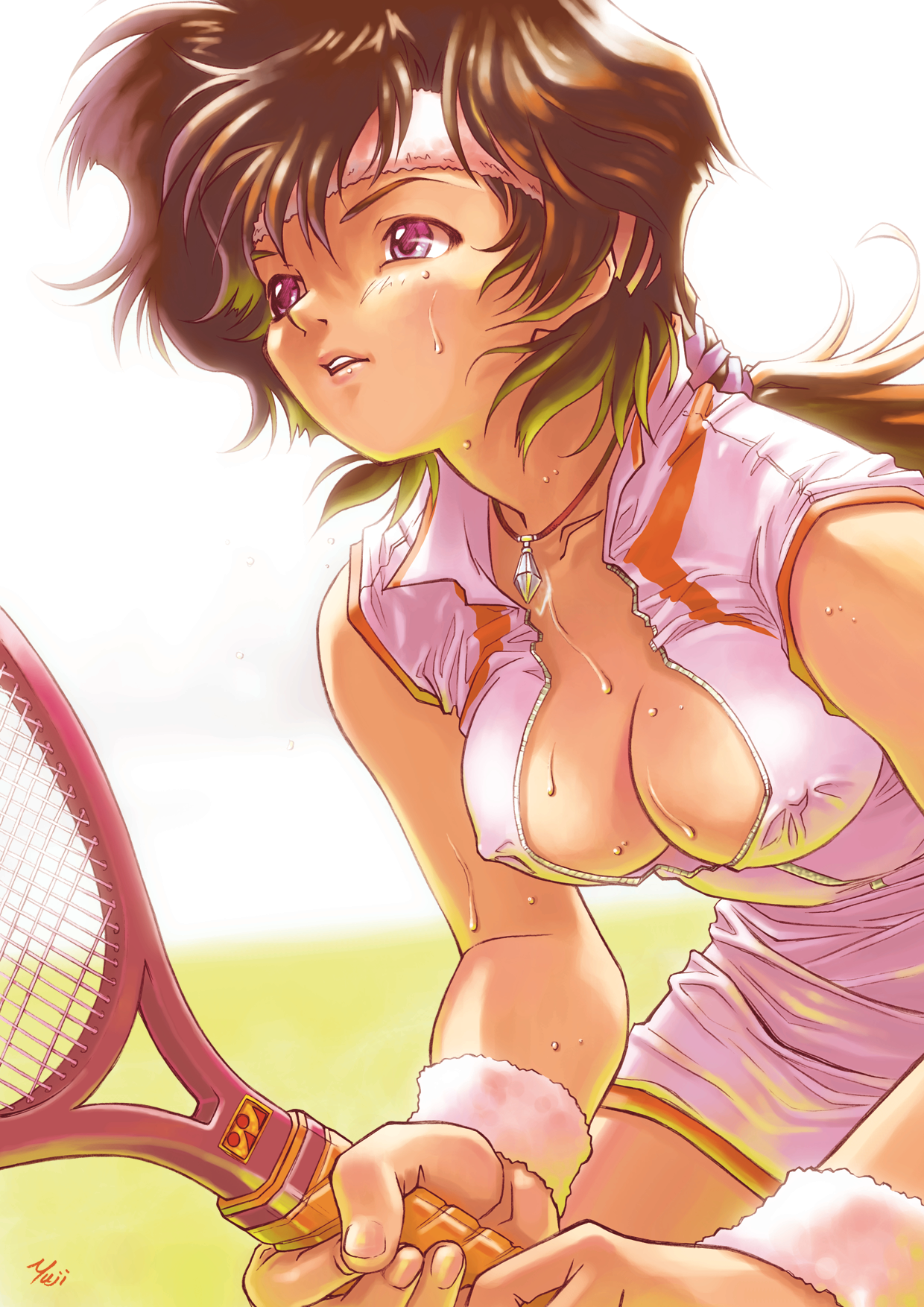 kobayashi yuji, highres, 1girl, artist name, breasts, brown hair, covered erect nipples, female focus, headband, holding, jewelry, medium breasts, necklace, no bra, open clothes, racket, solo, sweat, tennis, tennis racket, unzipped, wristband