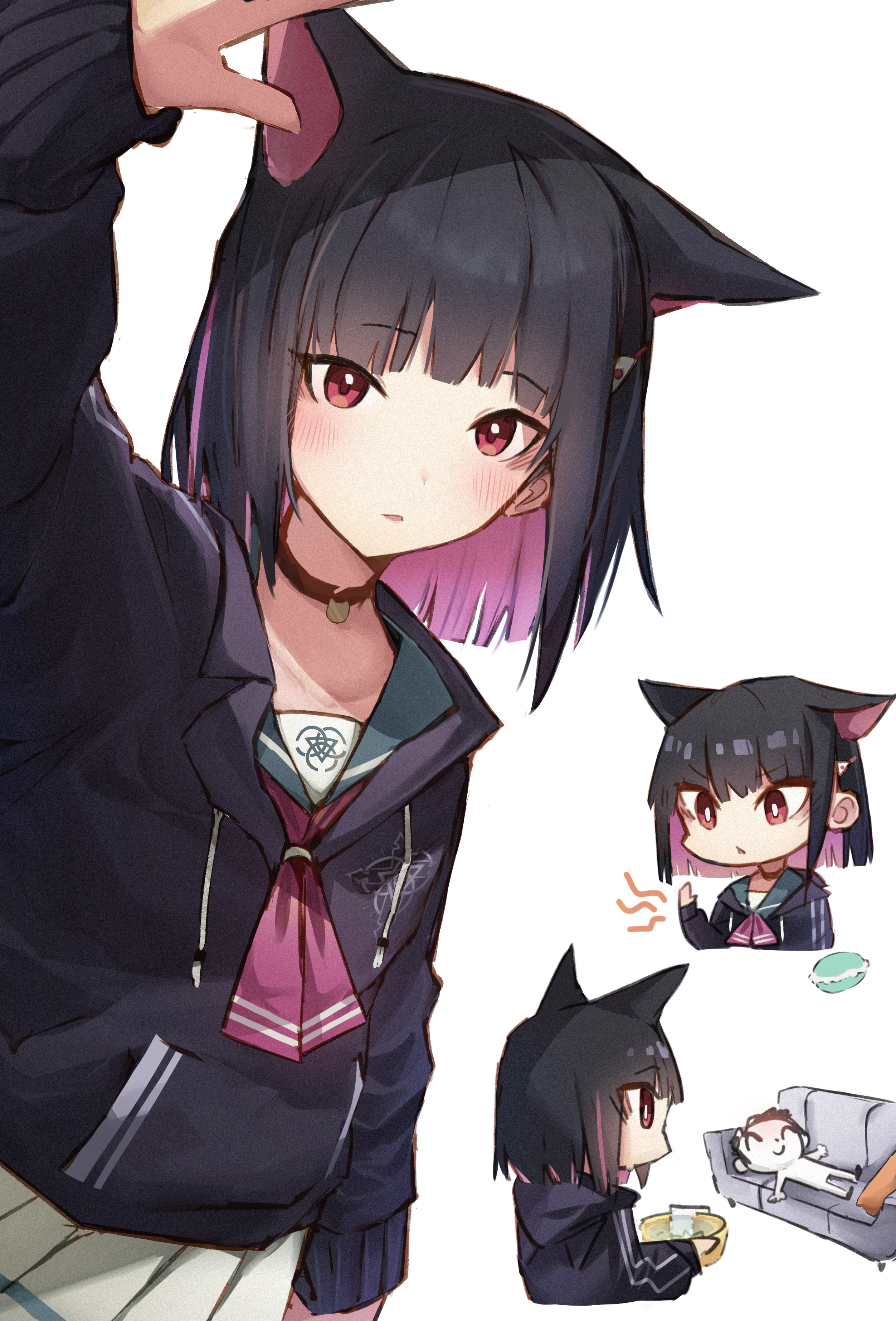 hato (hatotoou), doodle sensei (blue archive), kazusa (blue archive), sensei (blue archive), blue archive, absurdres, commentary request, highres, 1boy, 1girl, animal ears, arm at side, arm up, black choker, black hair, black hoodie, blunt bangs, blush, bright pupils, cat choker, cat ears, cat girl, chibi, chibi inset, choker, colored inner animal ears, colored inner hair, cowboy shot, cropped torso, extra ears, food, frown, green sailor collar, hair behind ear, hair ornament, hairclip, hood, hood down, hoodie, incoming headpat, looking at another, looking at viewer, lying, macaron, medium hair, multicolored hair, multiple views, neckerchief, no halo, on back, parted lips, pink hair, pink neckerchief, pov, profile, red eyes, sailor collar, school uniform, serafuku, simple background, straight hair, trinity general school logo, tsurime, two-tone hair, upper body, v-shaped eyebrows, white background, white pupils